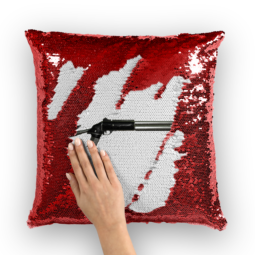 Shotgun Sequin Cushion Cover featuring a colorful mermaid sequin design, measuring 16x16 inches, with a plain back.