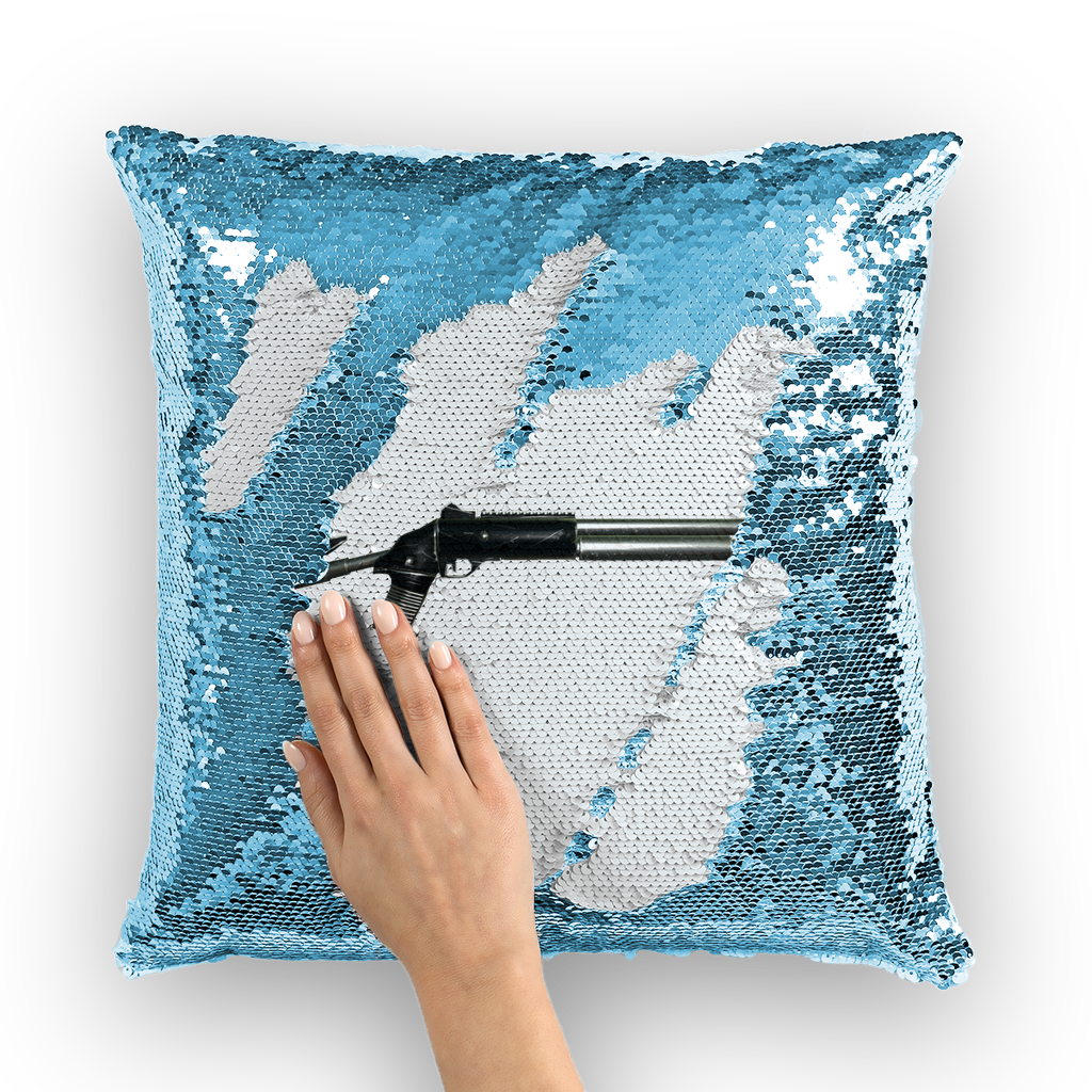 Shotgun Sequin Cushion Cover featuring a colorful mermaid sequin design, measuring 16x16 inches, with a plain back.