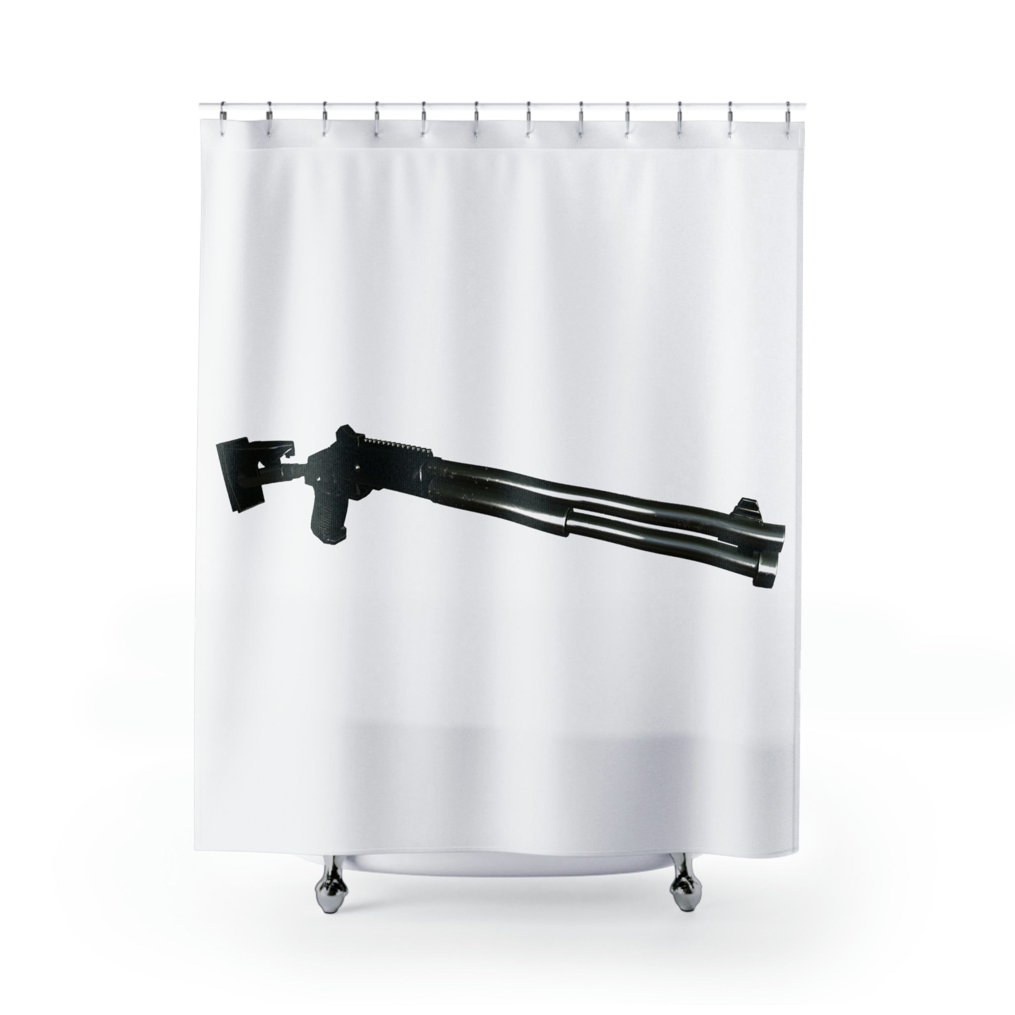 A vibrant shotgun shower curtain featuring unique designs, made from durable polyester, hanging in a stylish bathroom setting.