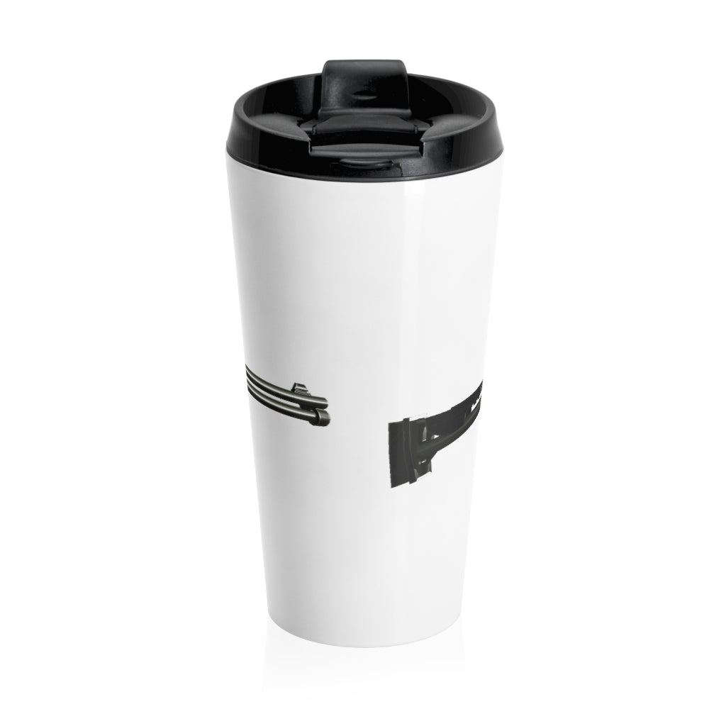 Shotgun Stainless Steel Travel Mug with black lid, showcasing its sleek design and vibrant sublimation print.