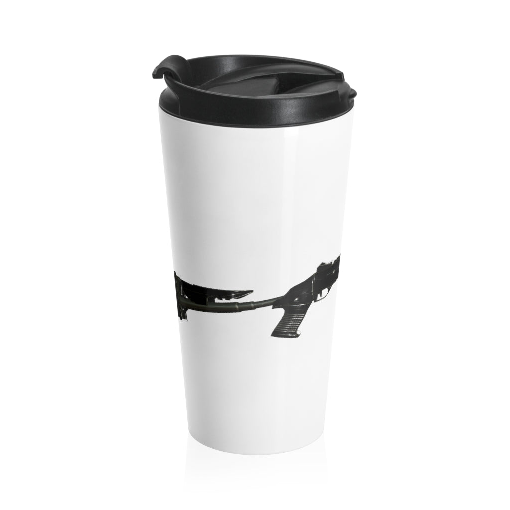 Shotgun Stainless Steel Travel Mug with black lid, showcasing its sleek design and vibrant sublimation print.