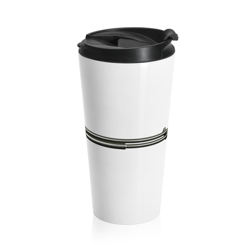 Shotgun Stainless Steel Travel Mug with black lid, showcasing its sleek design and vibrant sublimation print.