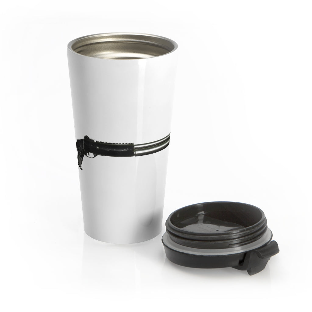 Shotgun Stainless Steel Travel Mug with black lid, showcasing its sleek design and vibrant sublimation print.