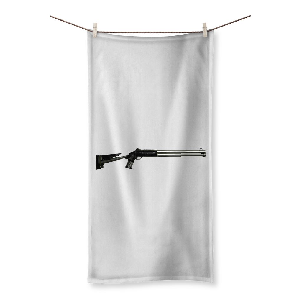 Shotgun Sublimation All Over Towel showcasing vibrant prints on one side and soft cotton backing on the other, available in various sizes.