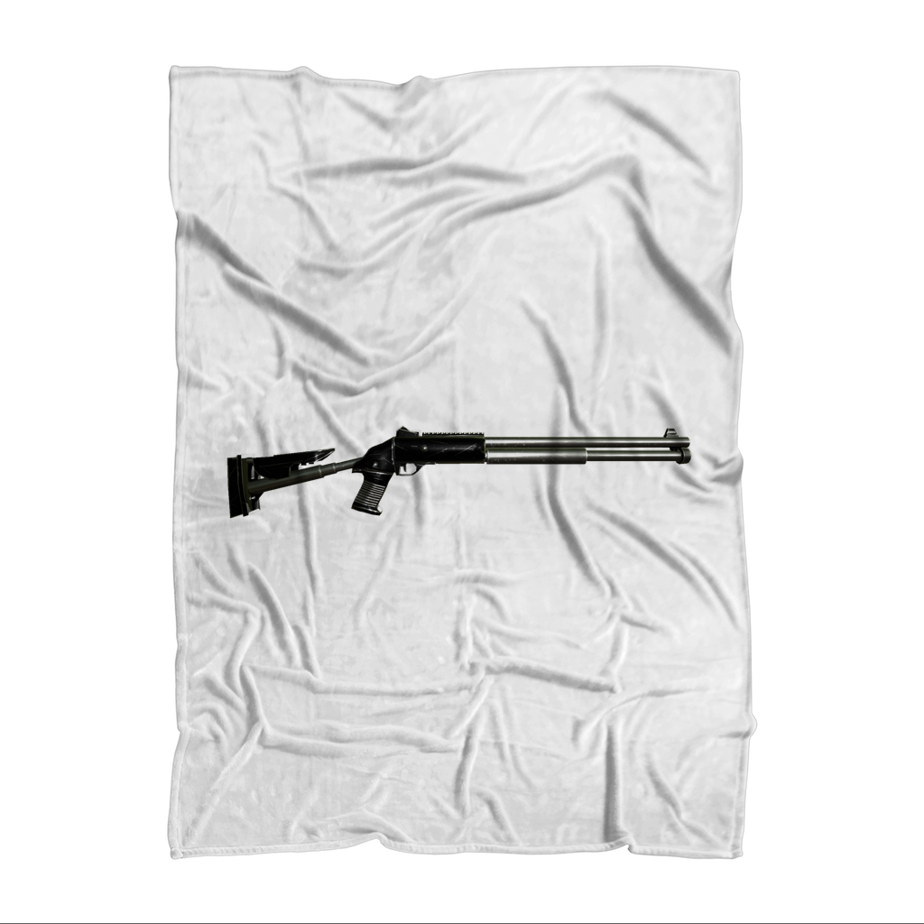 Shotgun Sublimation Throw Blanket made of 100% polyester polar fleece, featuring vibrant sublimation print and a white back.