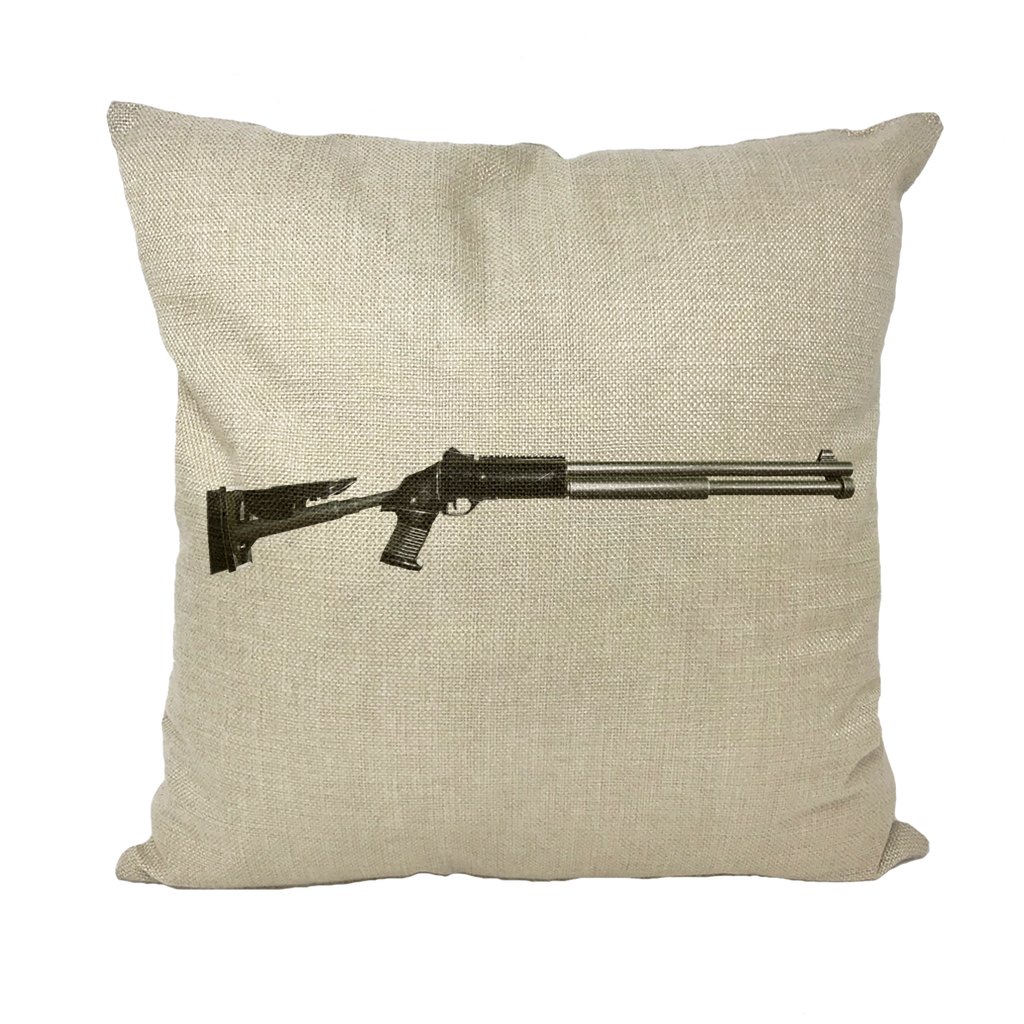 A collection of Shotgun Throw Pillows in various styles including linen, canvas, and suede, showcasing their unique textures and colors.