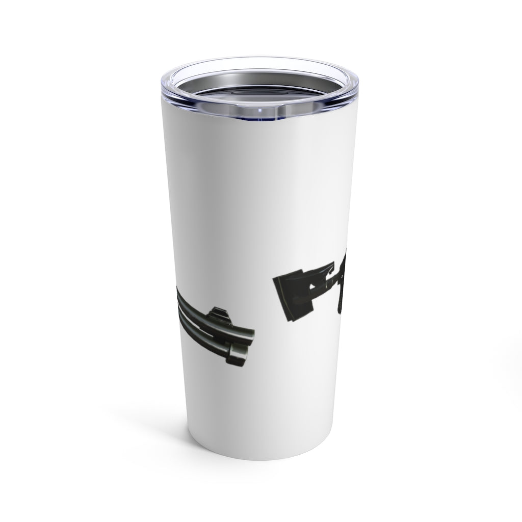 A sleek 20oz stainless steel Shotgun Tumbler with a see-thru plastic lid, perfect for travel and outdoor use.