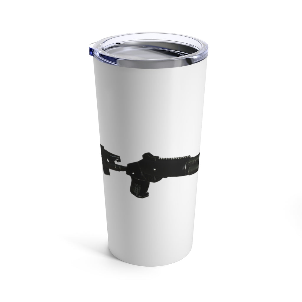 A sleek 20oz stainless steel Shotgun Tumbler with a see-thru plastic lid, perfect for travel and outdoor use.