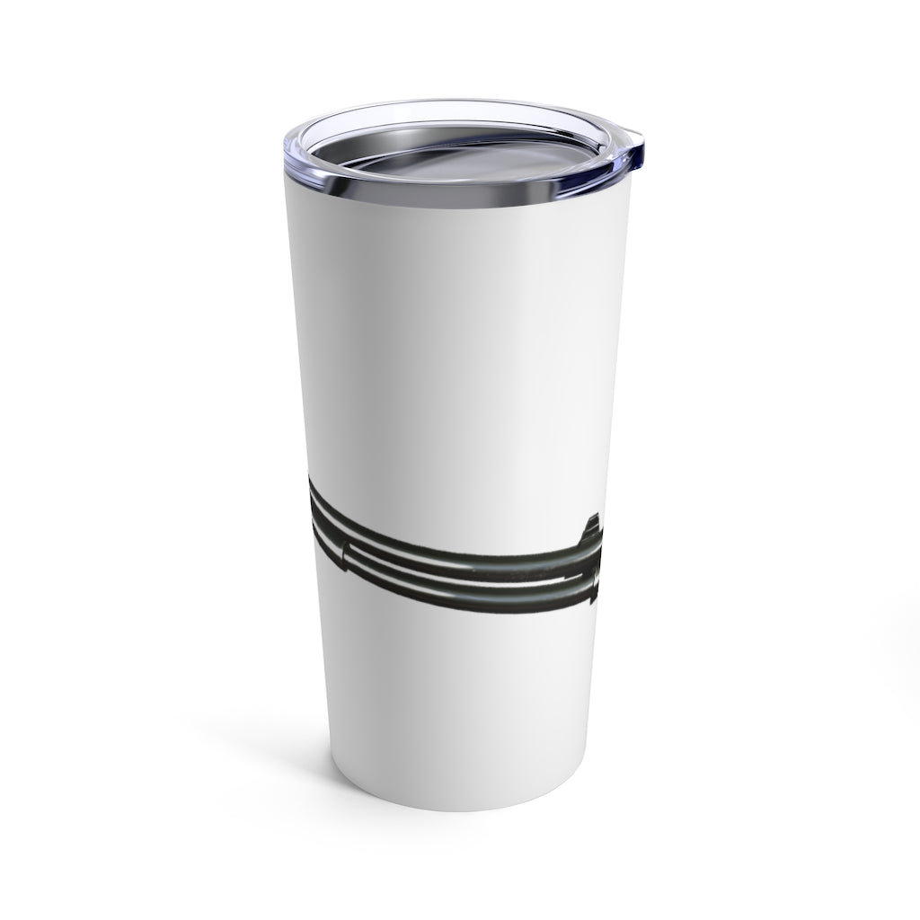 A sleek 20oz stainless steel Shotgun Tumbler with a see-thru plastic lid, perfect for travel and outdoor use.