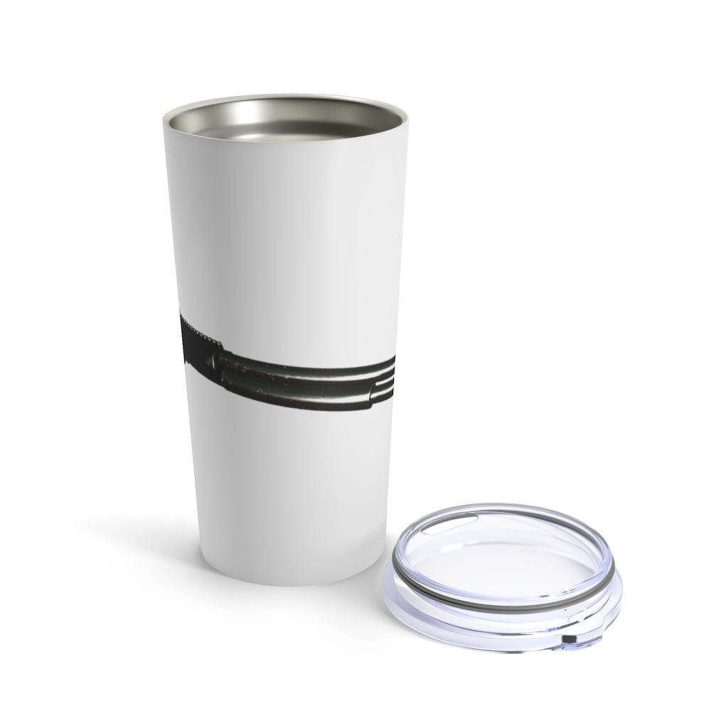 A sleek 20oz stainless steel Shotgun Tumbler with a see-thru plastic lid, perfect for travel and outdoor use.