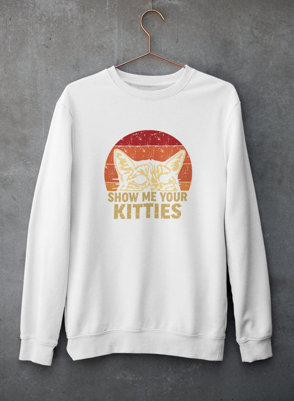 Show Me Your Kitties Sweat Shirt featuring a cozy design, adjustable cuffs, and a unique cat-themed graphic.