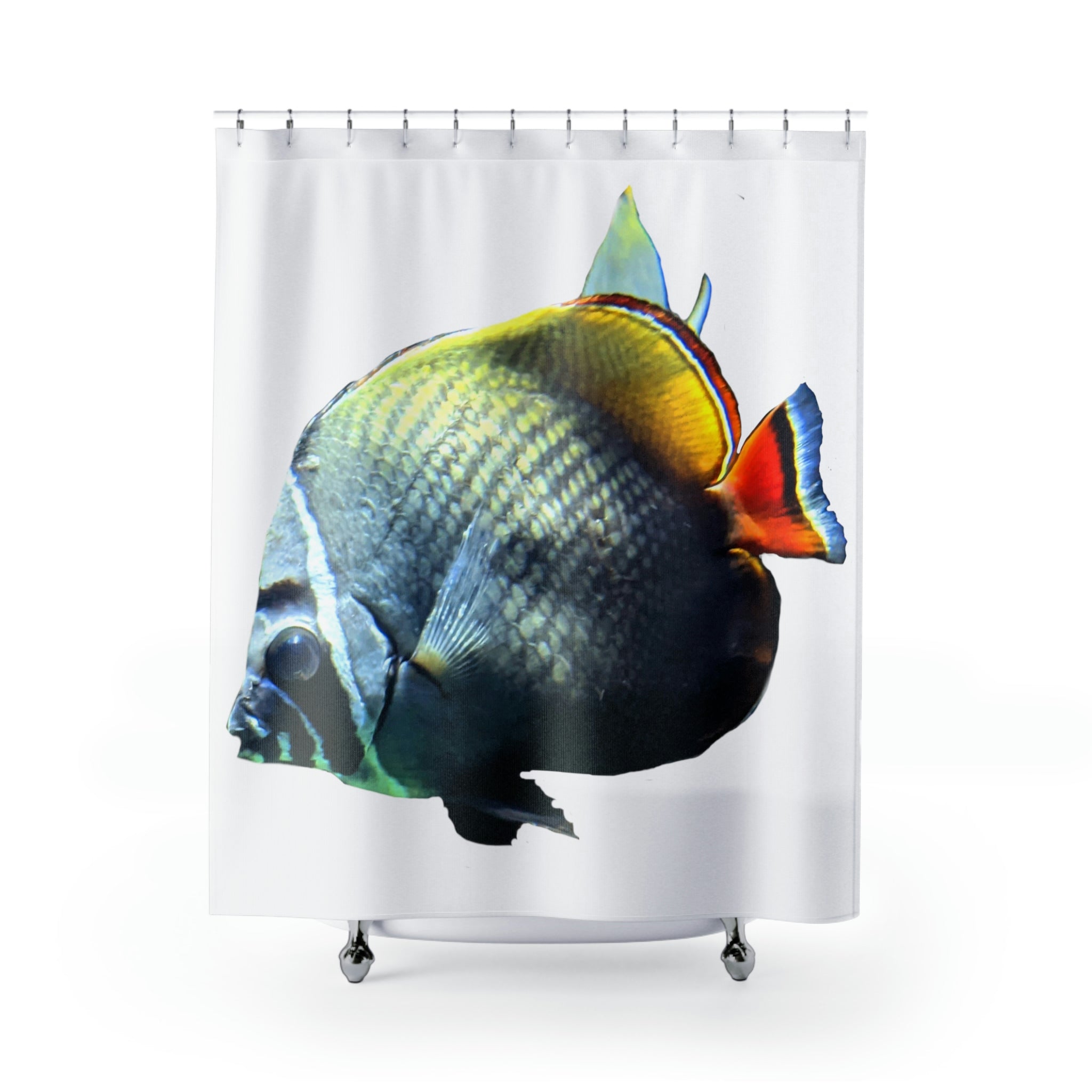 A vibrant polyester shower curtain featuring unique designs, perfect for enhancing bathroom decor.