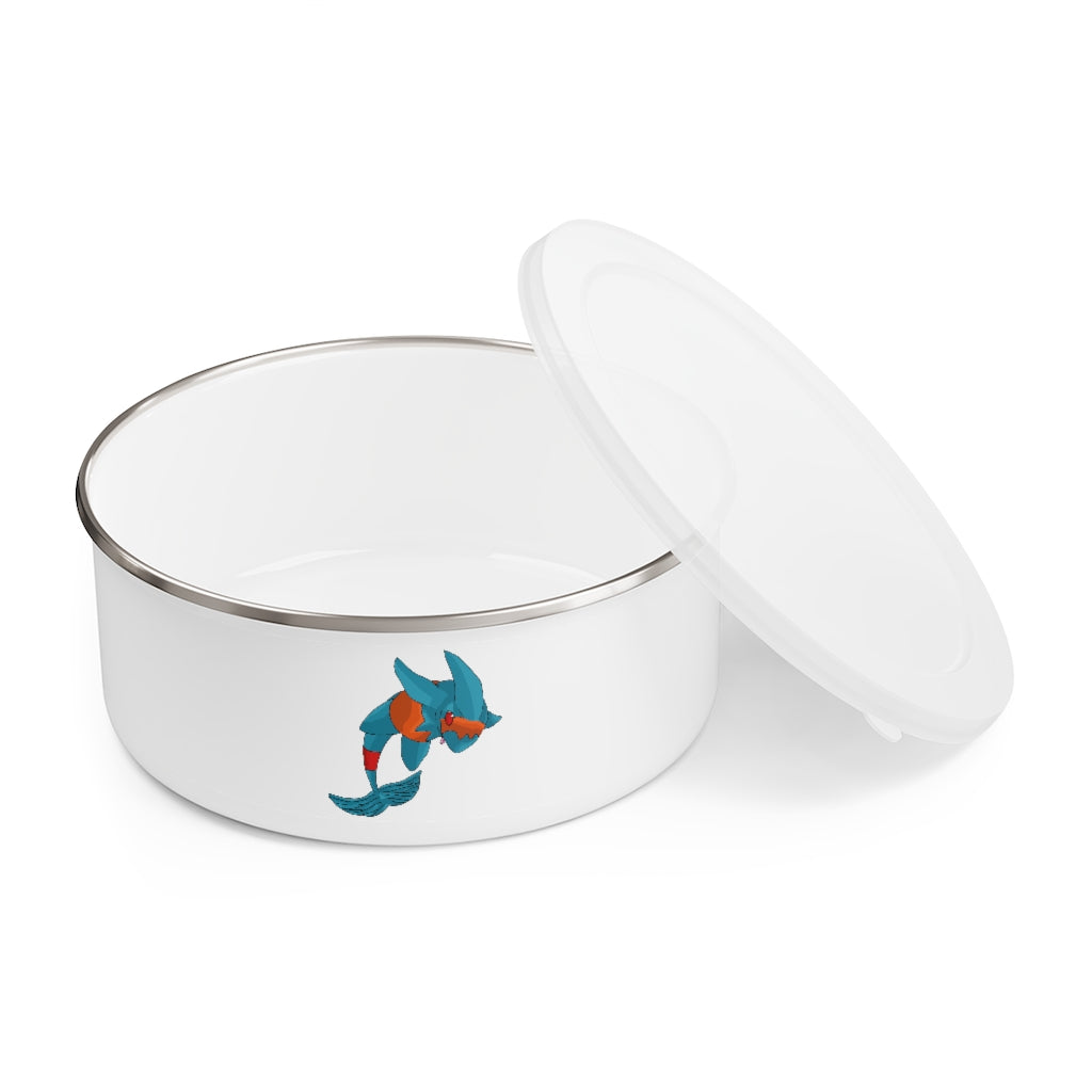 Shrei Enamel Bowl made of stainless steel with a translucent plastic lid, featuring an anti-slip backing, available in three sizes.