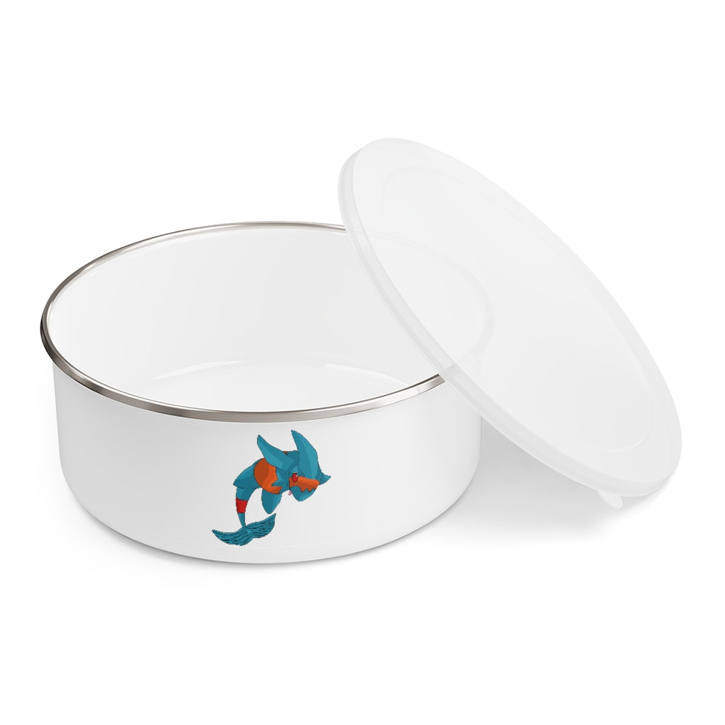 Shrei Enamel Bowl made of stainless steel with a translucent plastic lid, featuring an anti-slip backing, available in three sizes.