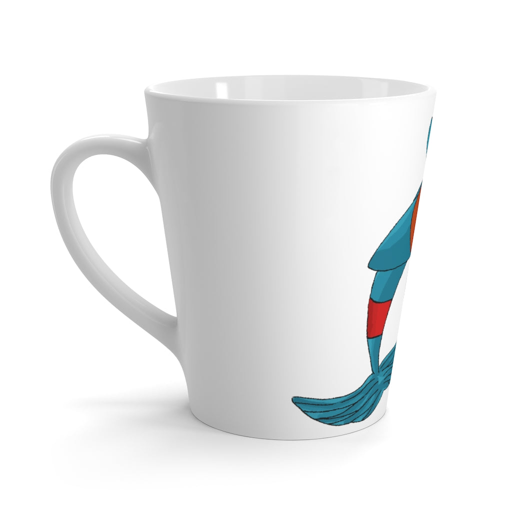 Shrei Latte Mug in white ceramic with rounded corners and C-handle, showcasing vibrant sublimation printing.