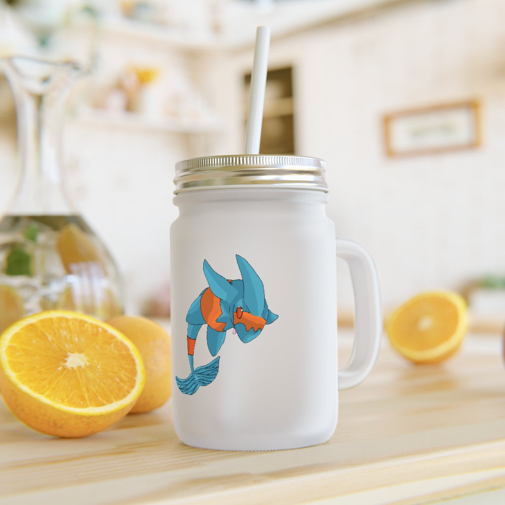 A personalized Shrei Mason Jar made of frosted glass, featuring a straw and lid, ideal for drinks like lemonade and cocktails.