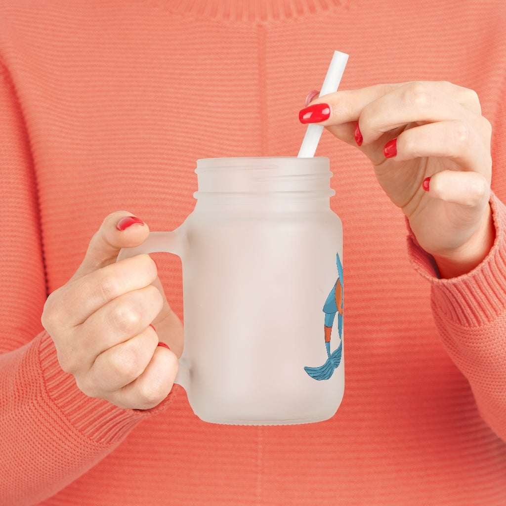 A personalized Shrei Mason Jar made of frosted glass, featuring a straw and lid, ideal for drinks like lemonade and cocktails.