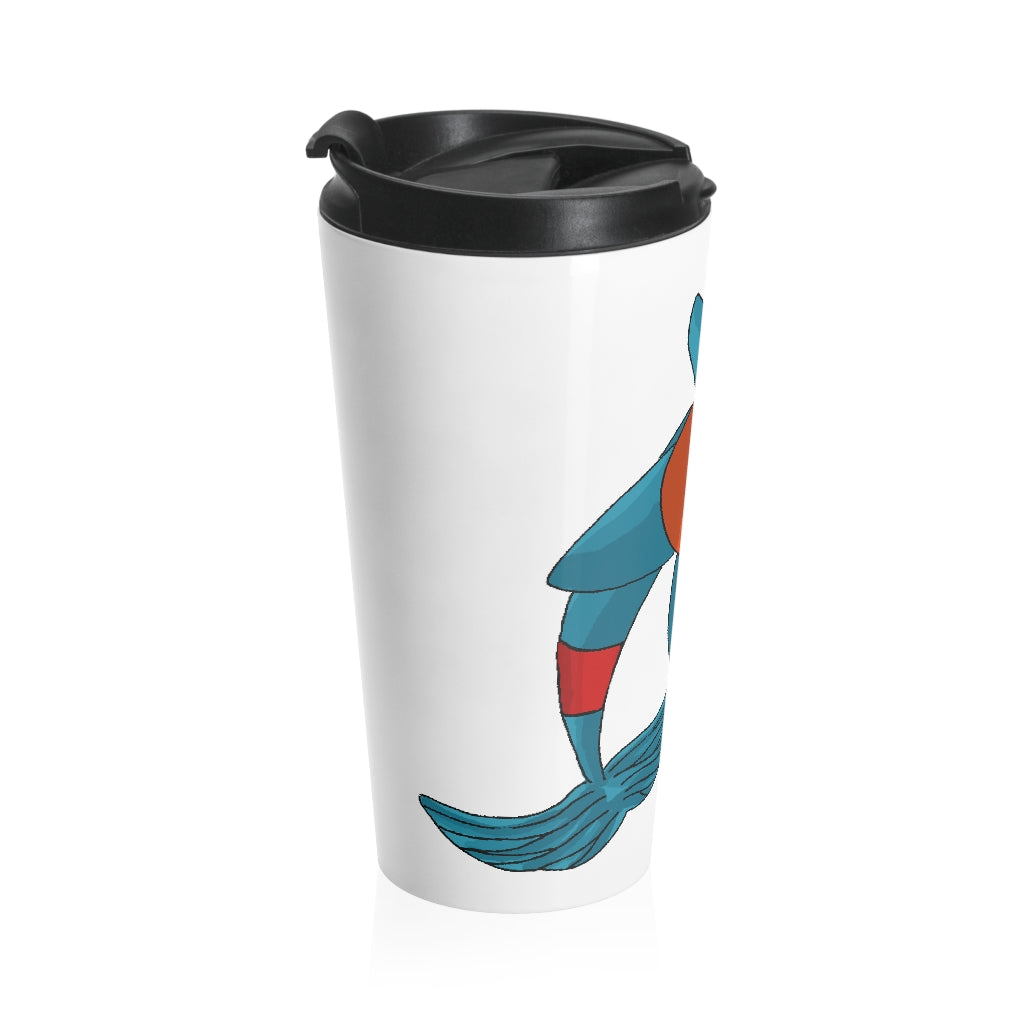 Shrei Stainless Steel Travel Mug with black lid, showcasing its sleek design and stainless steel finish.