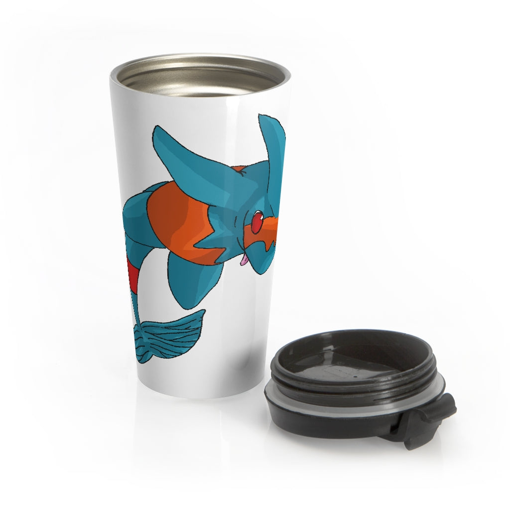 Shrei Stainless Steel Travel Mug with black lid, showcasing its sleek design and stainless steel finish.