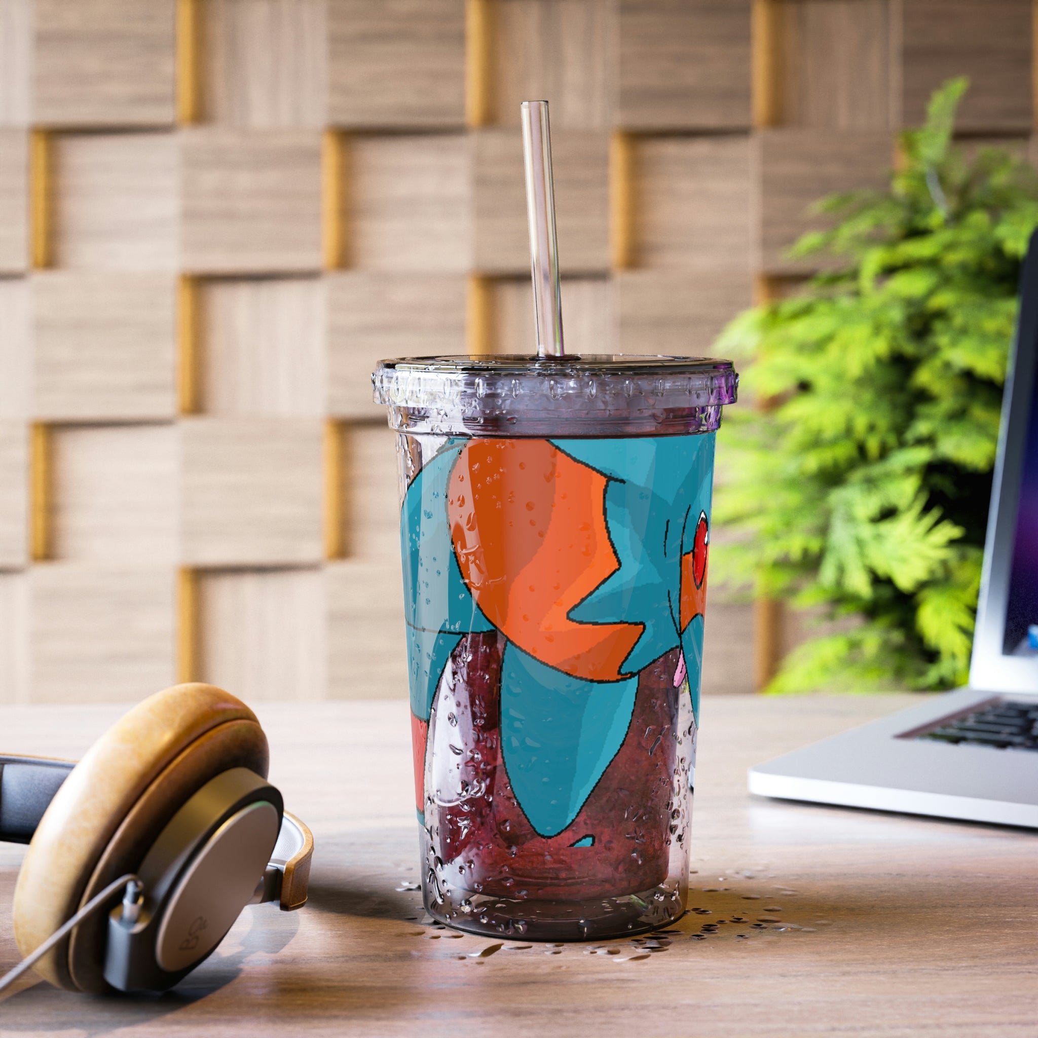 Shrei Suave Acrylic Cup in stainless steel with a black cap and plastic straw, showcasing a customizable design.