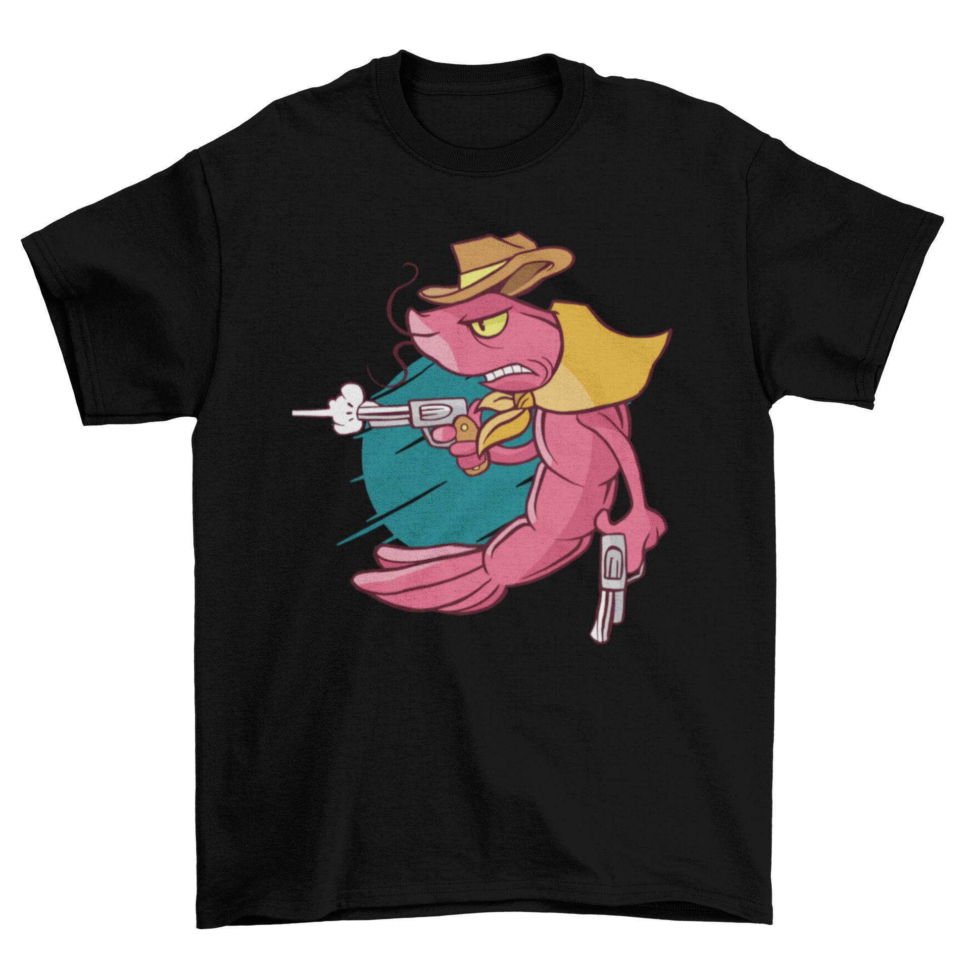 A stylish t-shirt featuring a colorful illustration of a cowboy shrimp, perfect for seafood lovers.