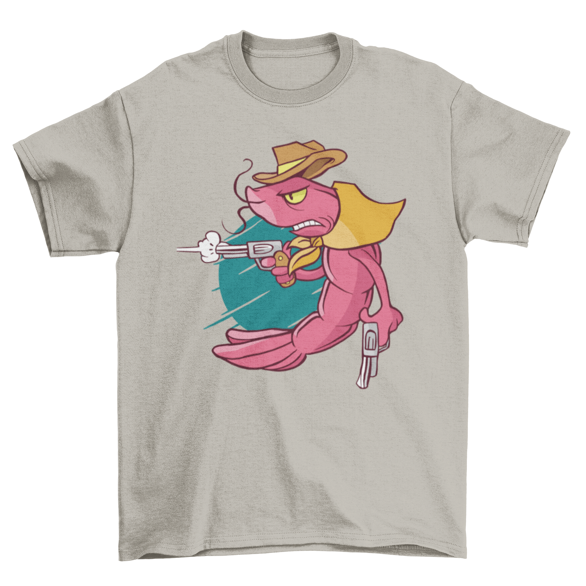 A stylish t-shirt featuring a colorful illustration of a cowboy shrimp, perfect for seafood lovers.