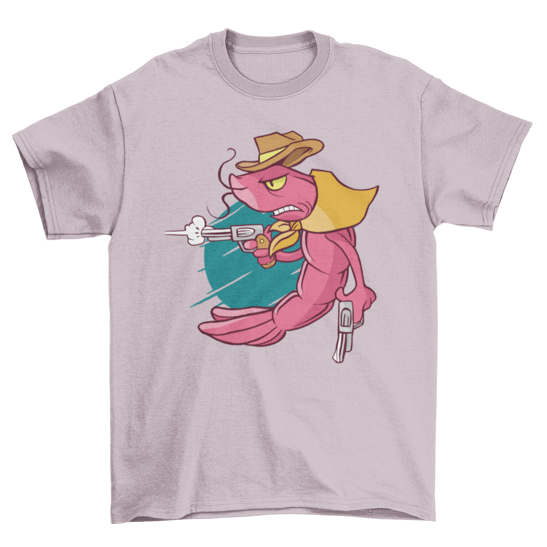 A stylish t-shirt featuring a colorful illustration of a cowboy shrimp, perfect for seafood lovers.