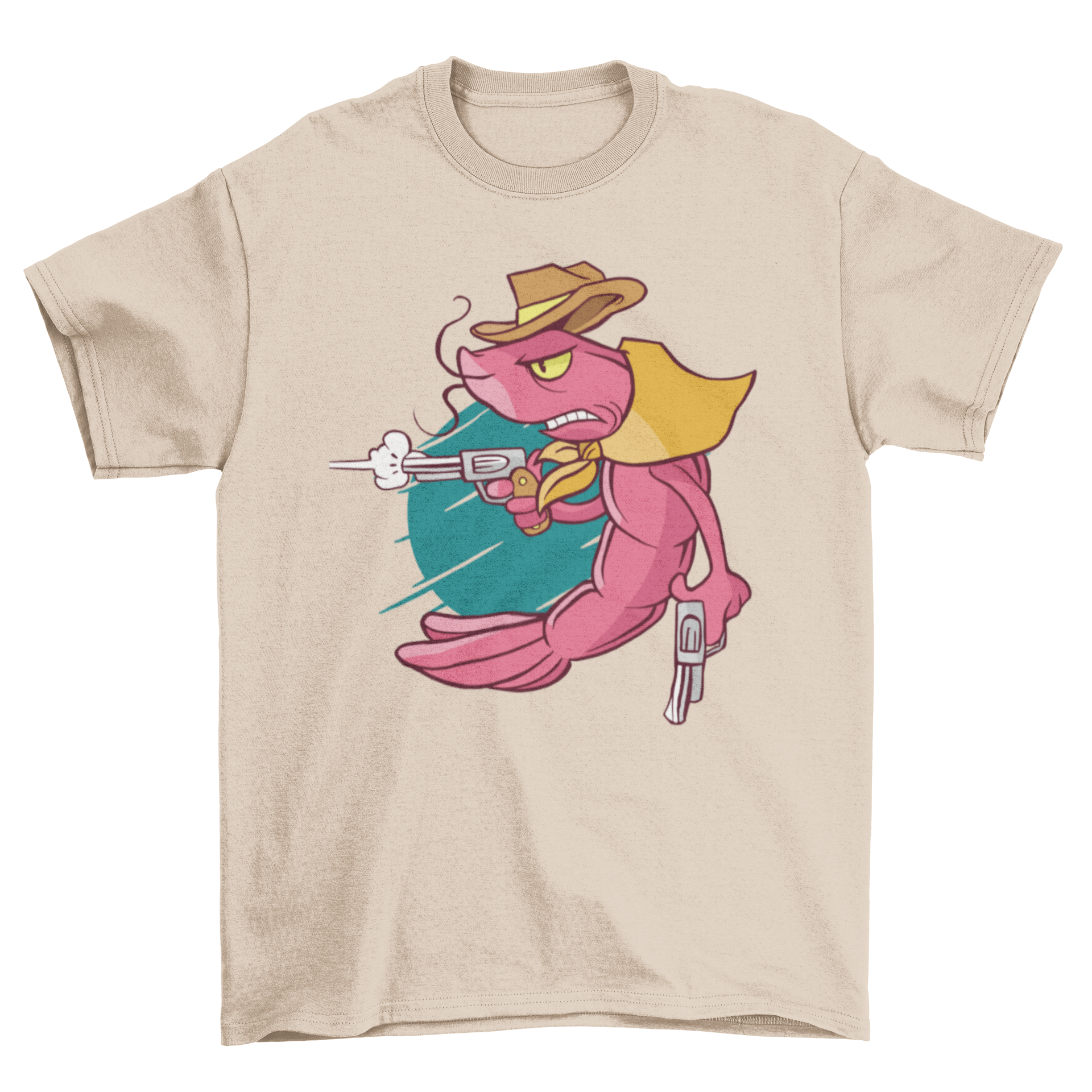 A stylish t-shirt featuring a colorful illustration of a cowboy shrimp, perfect for seafood lovers.