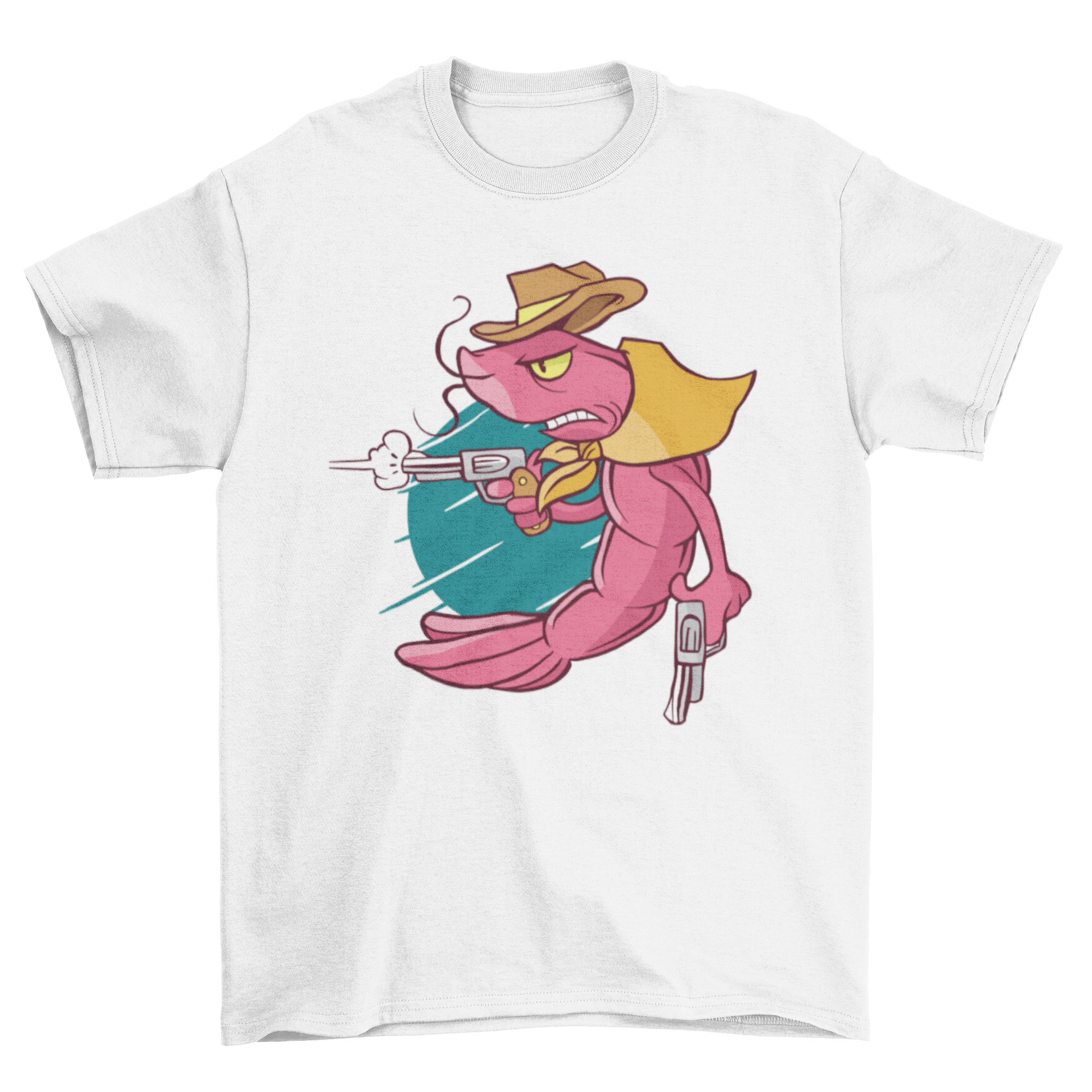 A stylish t-shirt featuring a colorful illustration of a cowboy shrimp, perfect for seafood lovers.