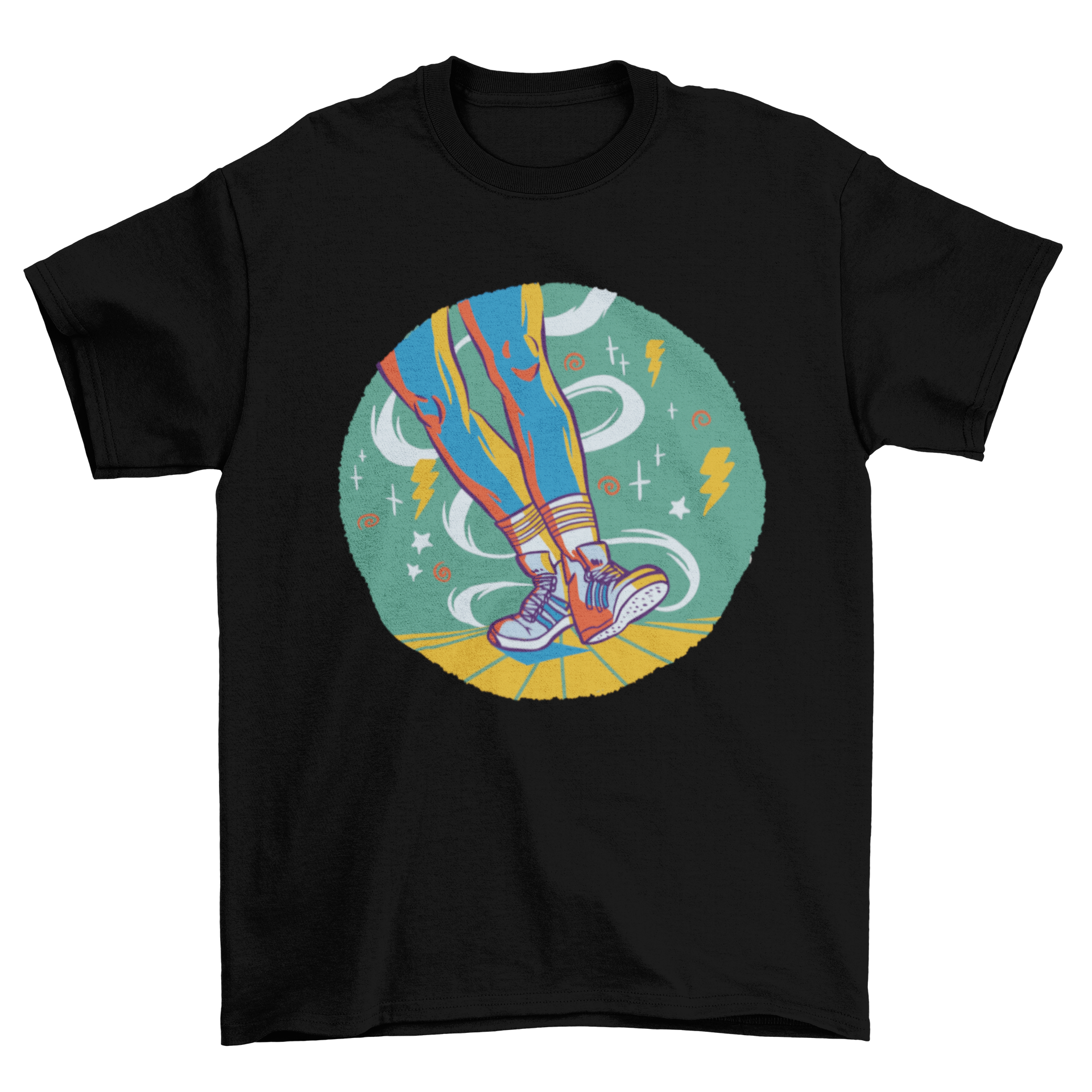 Colorful t-shirt featuring a dancer's legs and feet in shuffle dance motion.