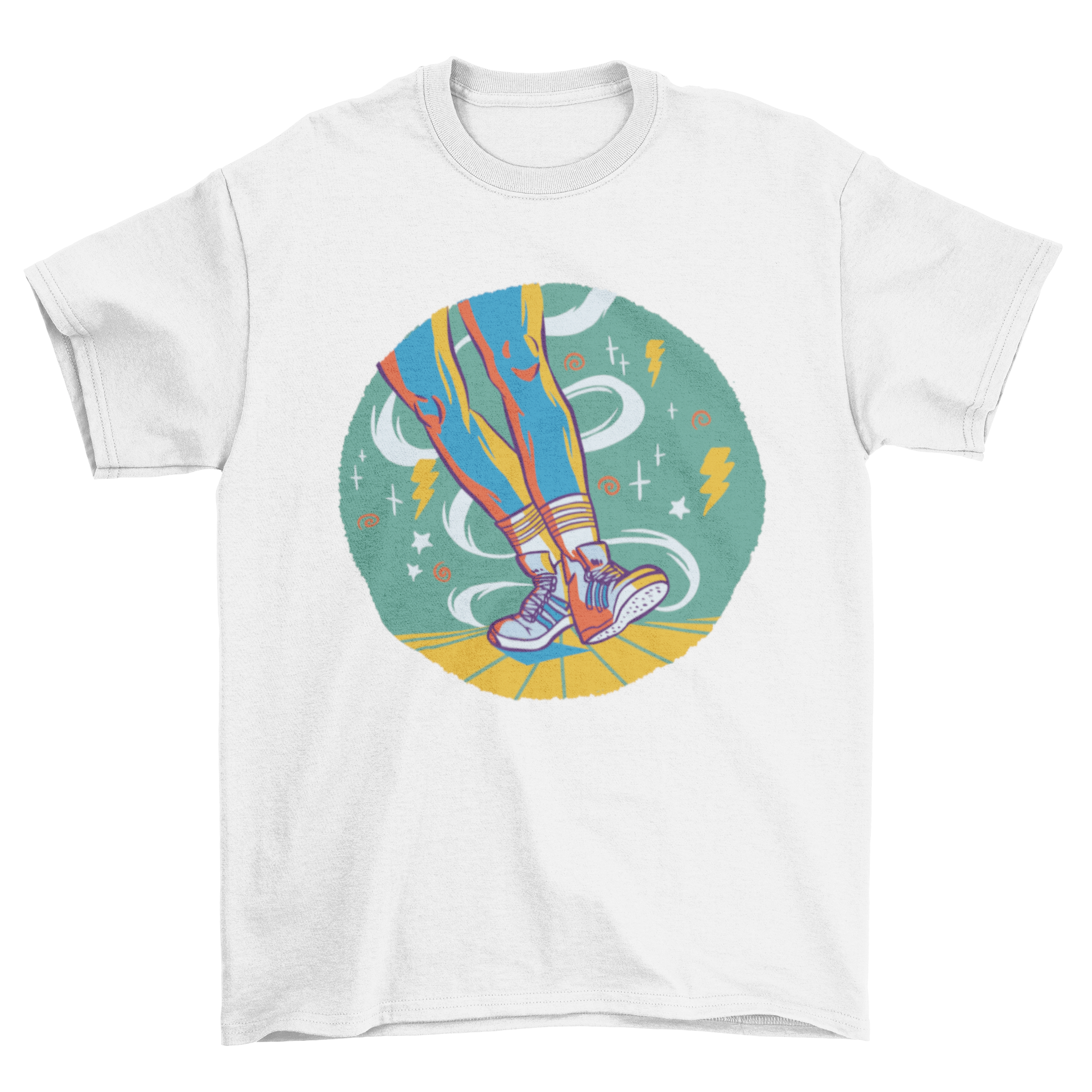 Colorful t-shirt featuring a dancer's legs and feet in shuffle dance motion.