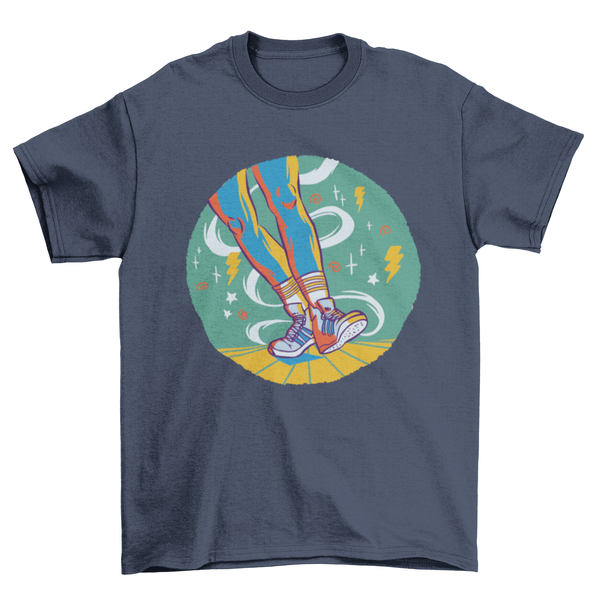 Colorful t-shirt featuring a dancer's legs and feet in shuffle dance motion.