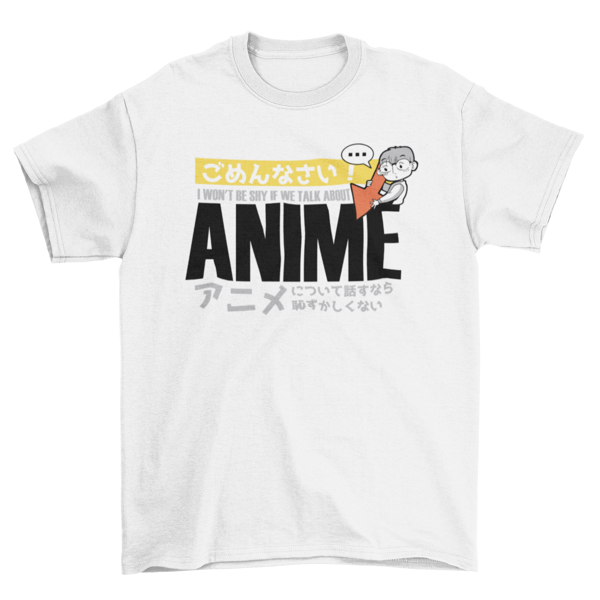 Shy Anime Quote T-shirt featuring an anime character and the quote 'I WON'T BE SHY IF WE TALK ABOUT ANIME.'