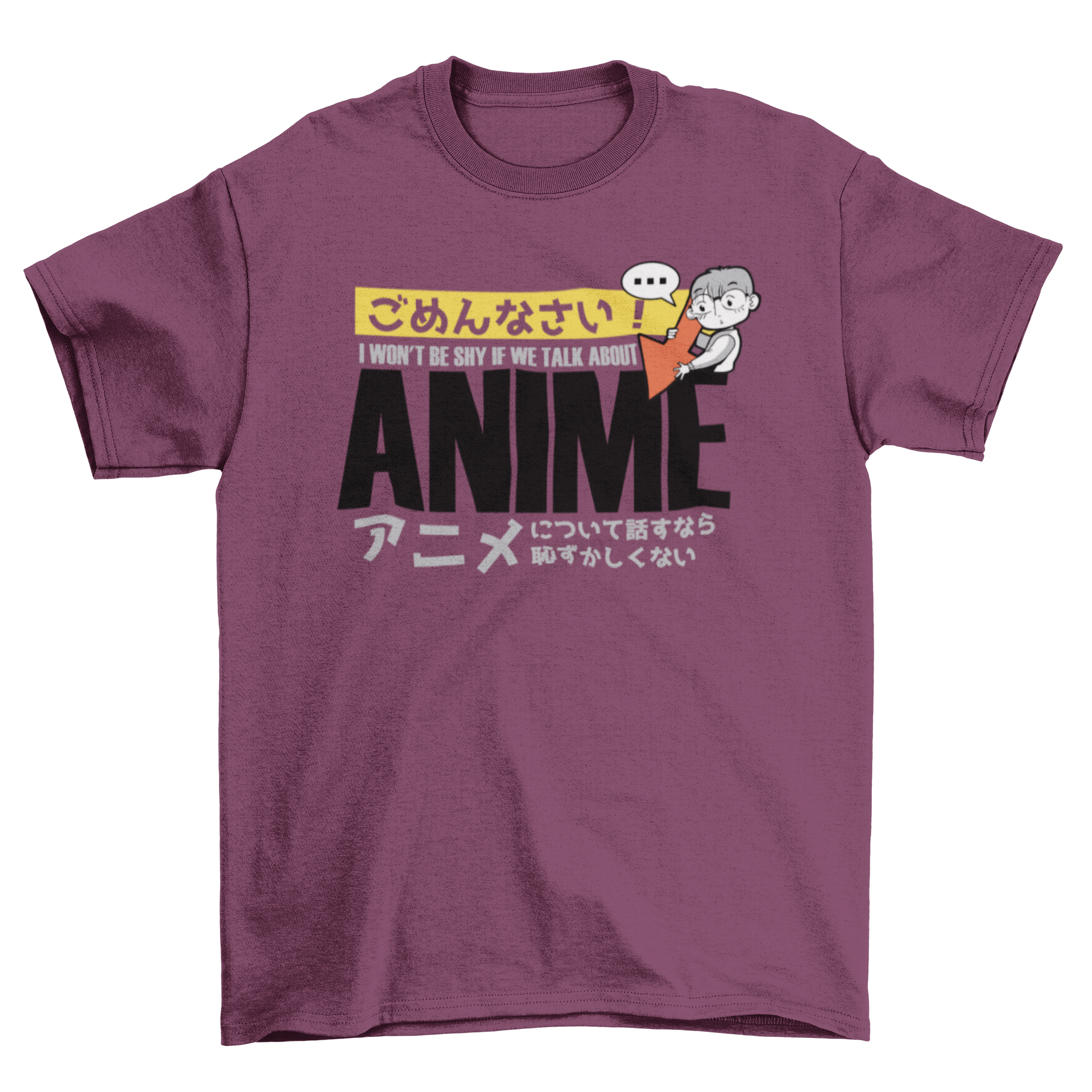 Shy Anime Quote T-shirt featuring an anime character and the quote 'I WON'T BE SHY IF WE TALK ABOUT ANIME.'