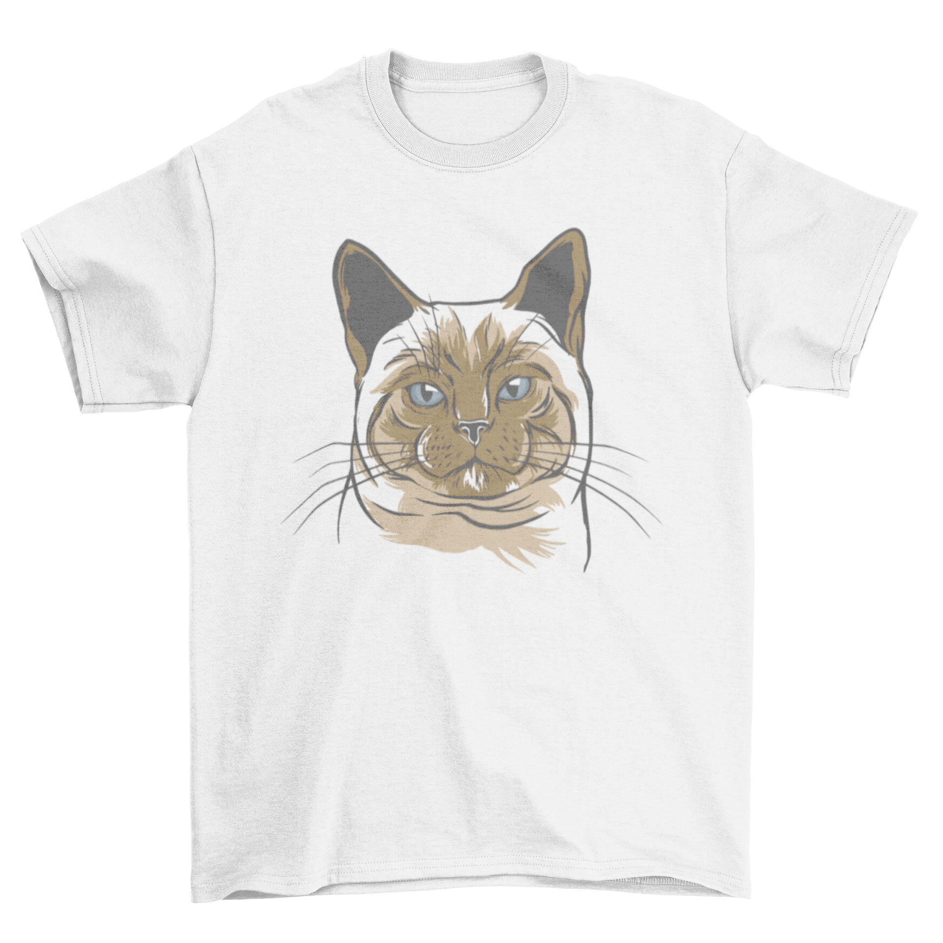 Illustrated Siamese cat head design on a stylish t-shirt, showcasing its unique and artistic style.