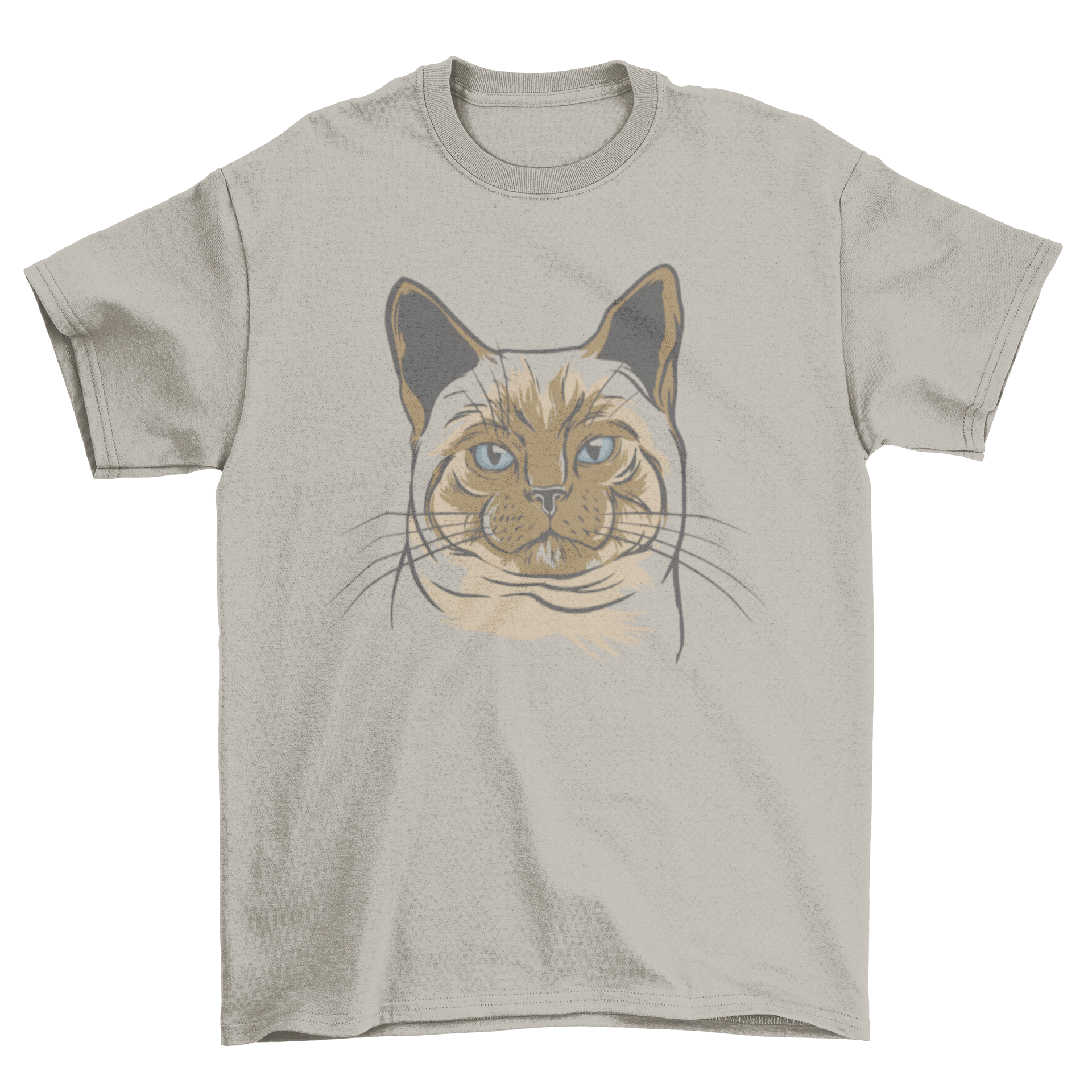 Illustrated Siamese cat head design on a stylish t-shirt, showcasing its unique and artistic style.