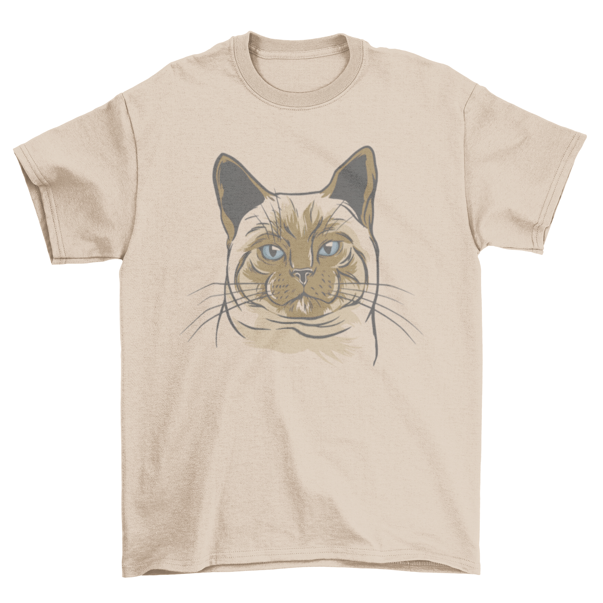 Illustrated Siamese cat head design on a stylish t-shirt, showcasing its unique and artistic style.