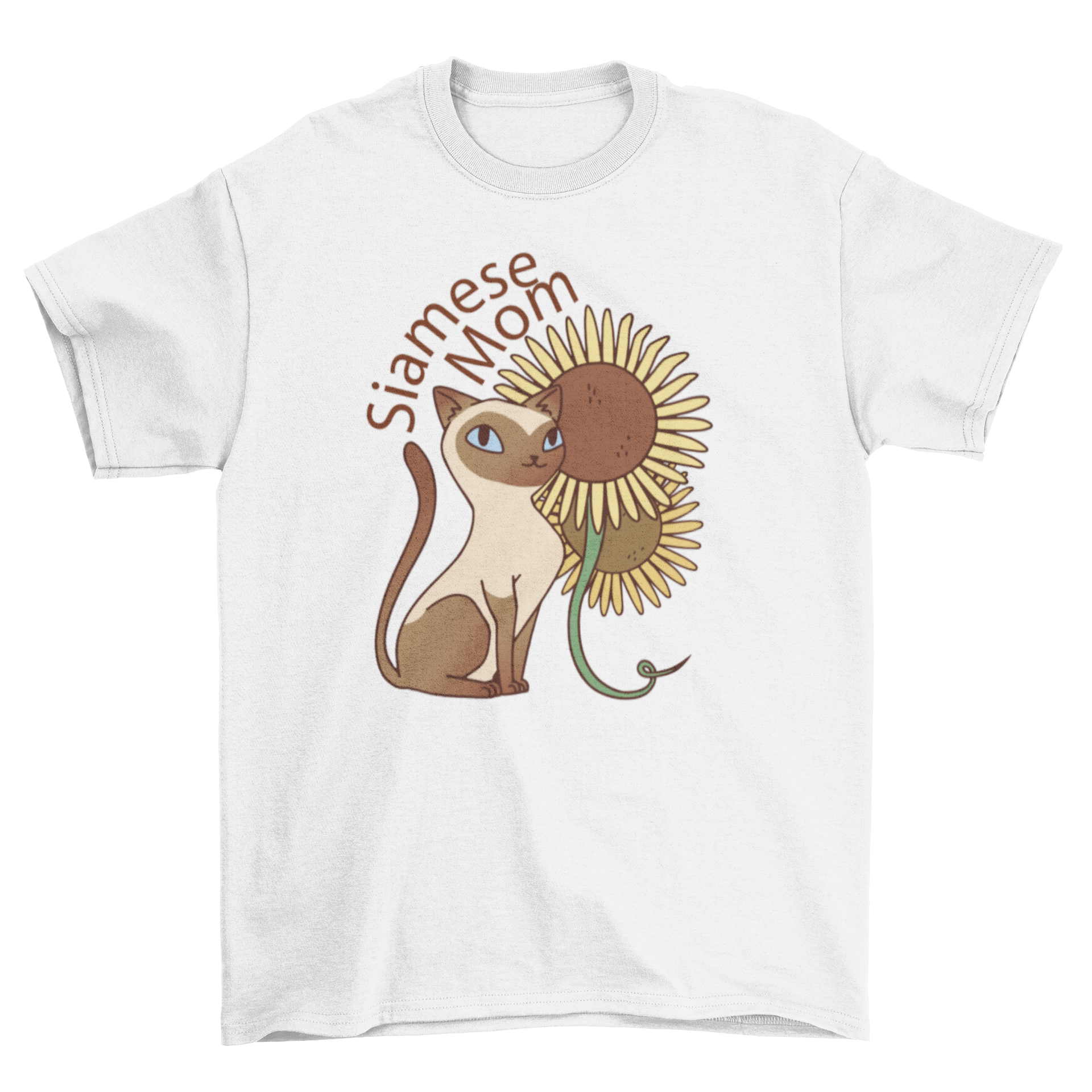 A stylish t-shirt featuring a Siamese cat surrounded by sunflowers with the quote 'Siamese mom'.