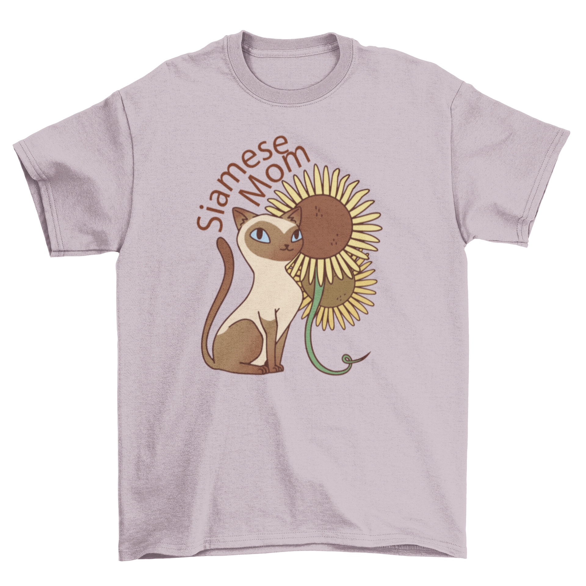 A stylish t-shirt featuring a Siamese cat surrounded by sunflowers with the quote 'Siamese mom'.