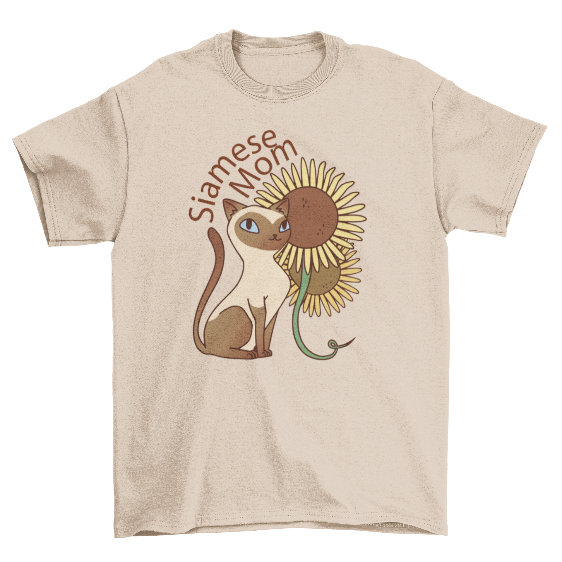 A stylish t-shirt featuring a Siamese cat surrounded by sunflowers with the quote 'Siamese mom'.