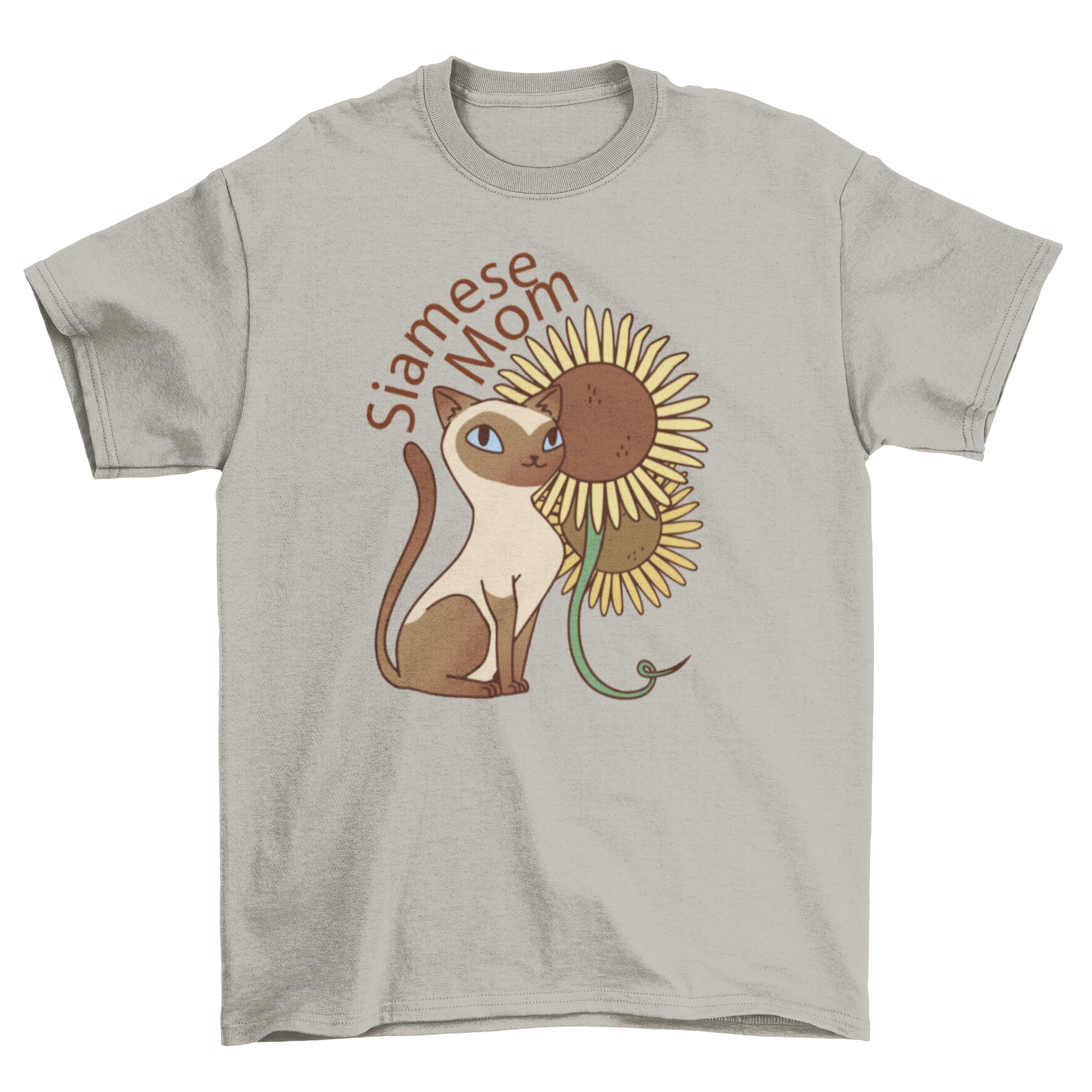 A stylish t-shirt featuring a Siamese cat surrounded by sunflowers with the quote 'Siamese mom'.