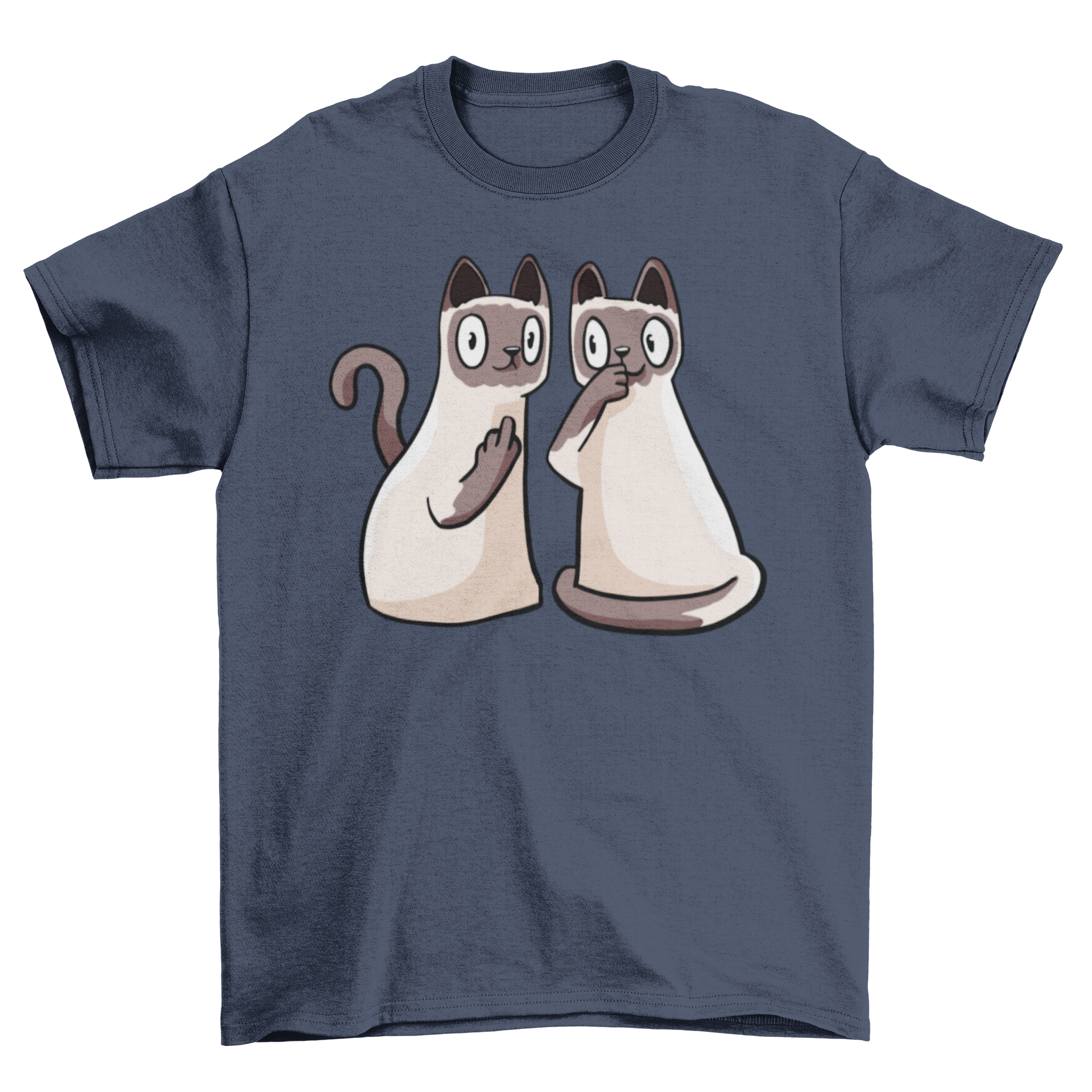 A funny t-shirt featuring two cartoon Siamese cats in a playful design.