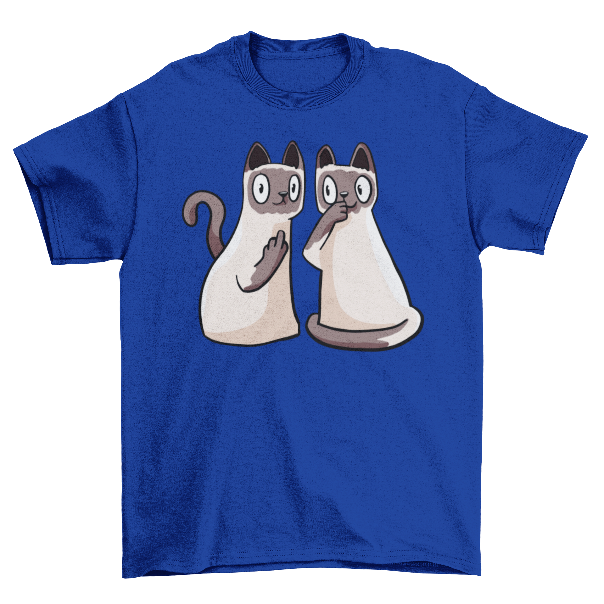 A funny t-shirt featuring two cartoon Siamese cats in a playful design.