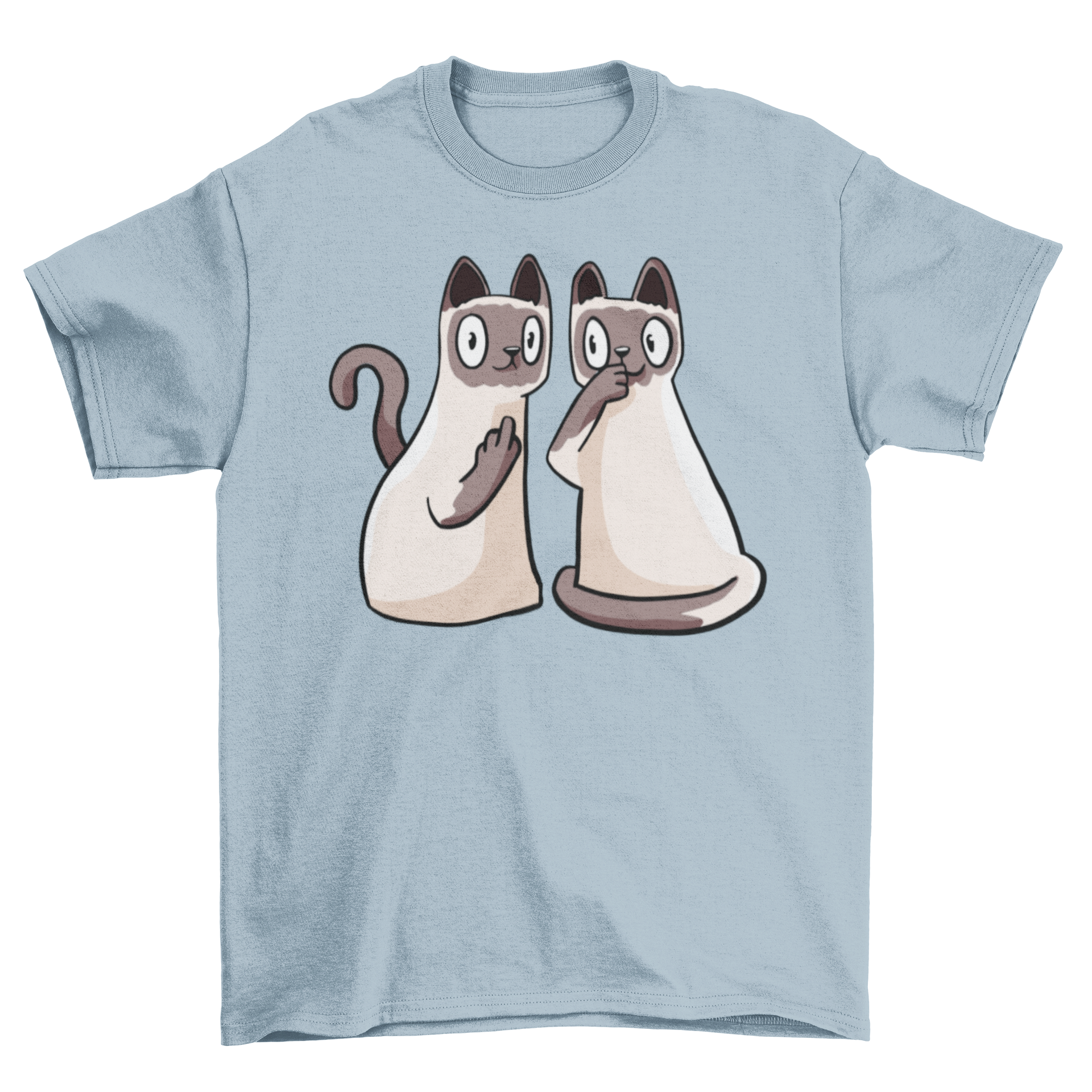 A funny t-shirt featuring two cartoon Siamese cats in a playful design.