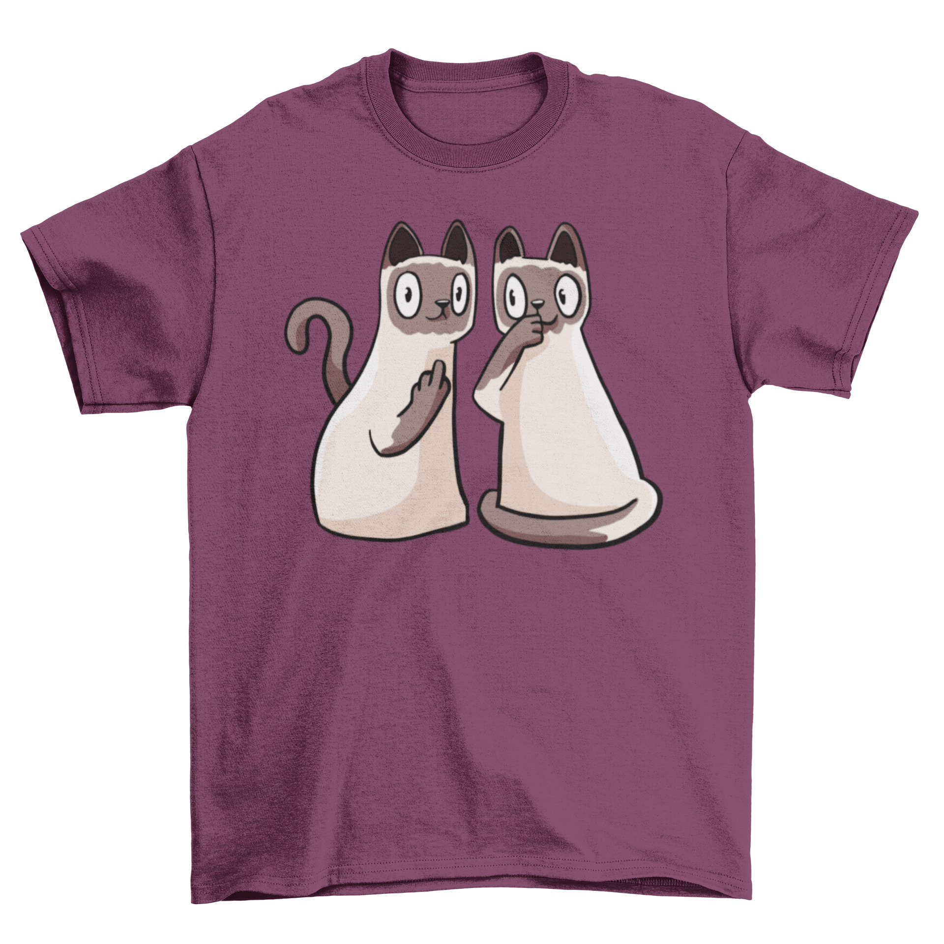 A funny t-shirt featuring two cartoon Siamese cats in a playful design.