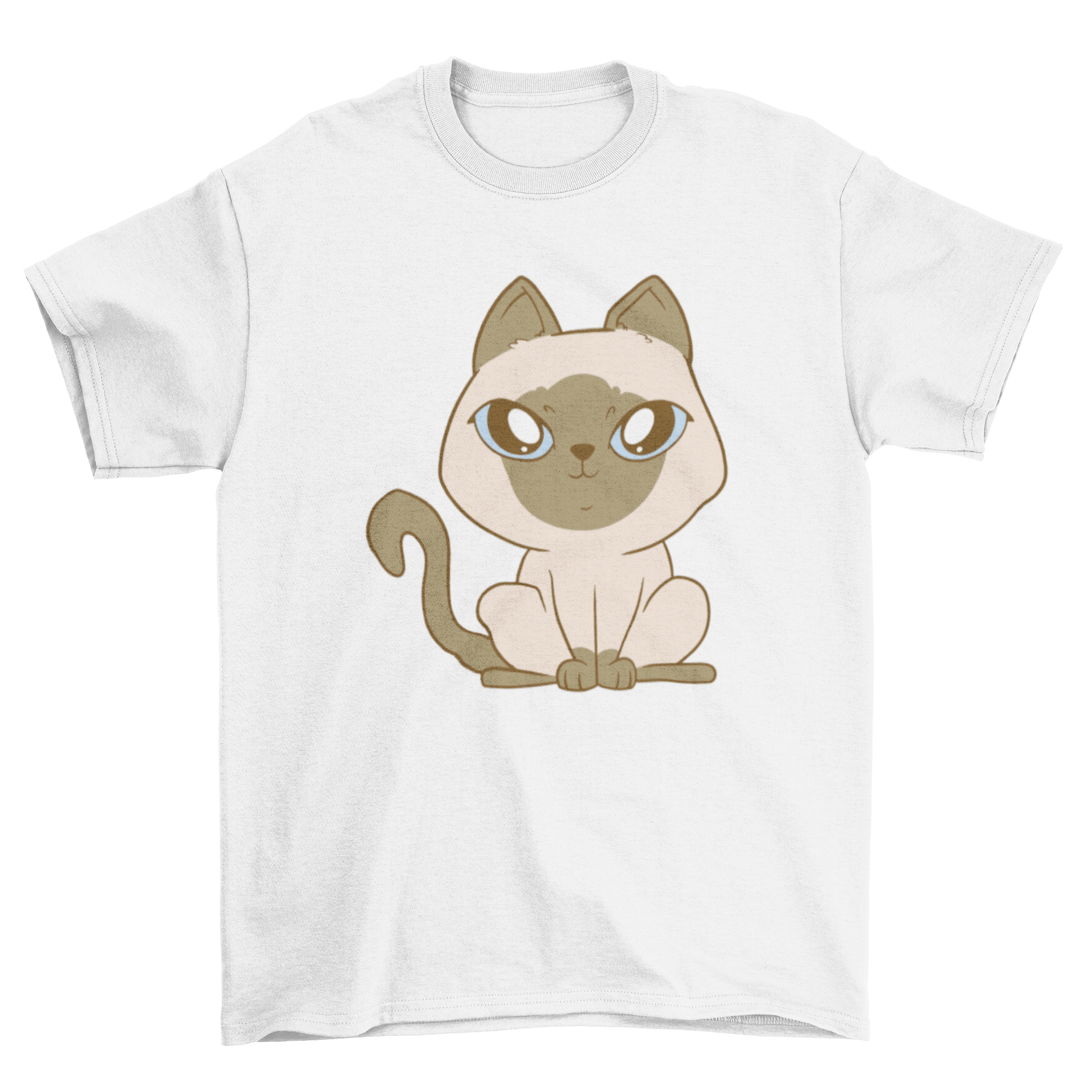 A soft t-shirt featuring a cute Siamese kitten with big eyes, perfect for cat lovers.