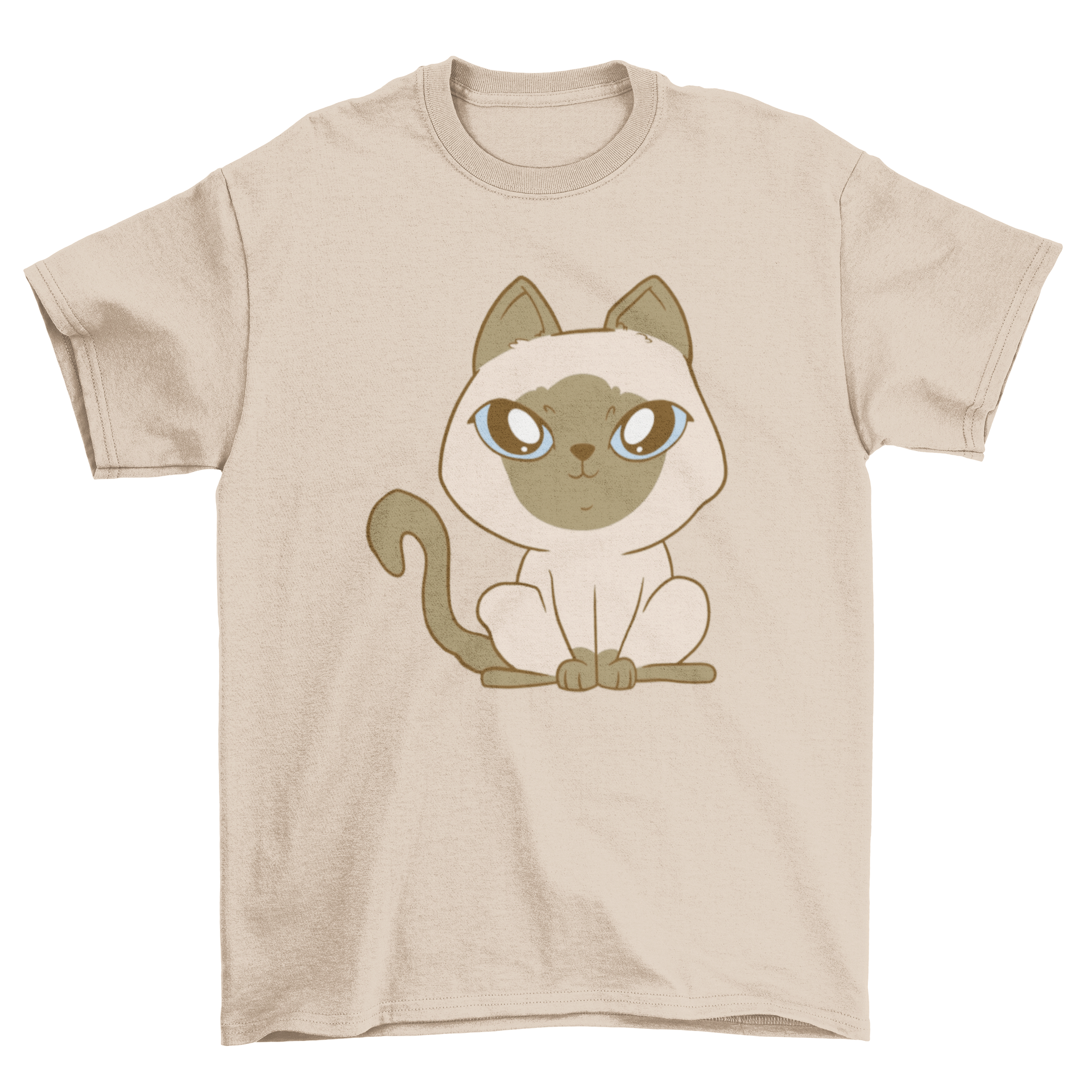 A soft t-shirt featuring a cute Siamese kitten with big eyes, perfect for cat lovers.