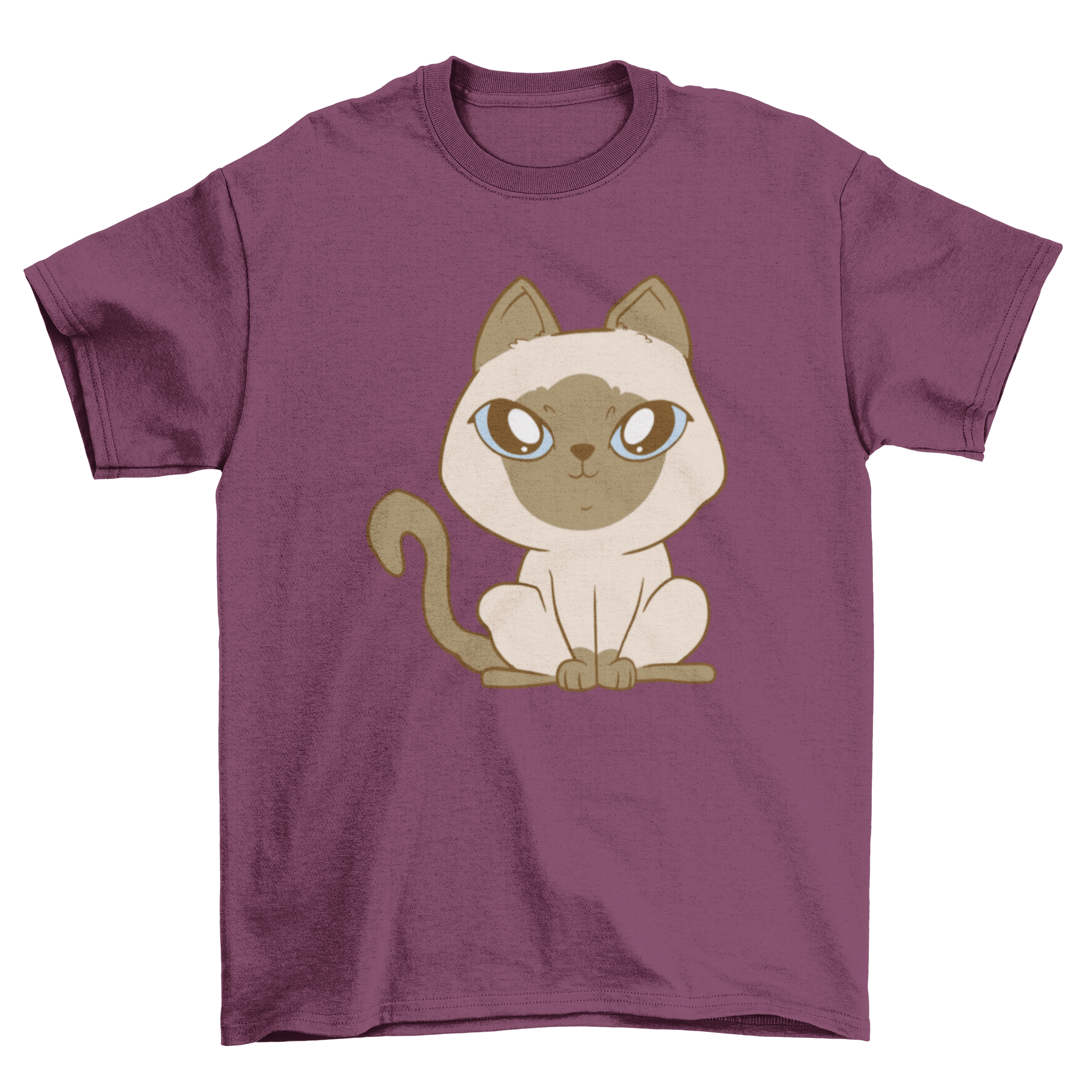 A soft t-shirt featuring a cute Siamese kitten with big eyes, perfect for cat lovers.