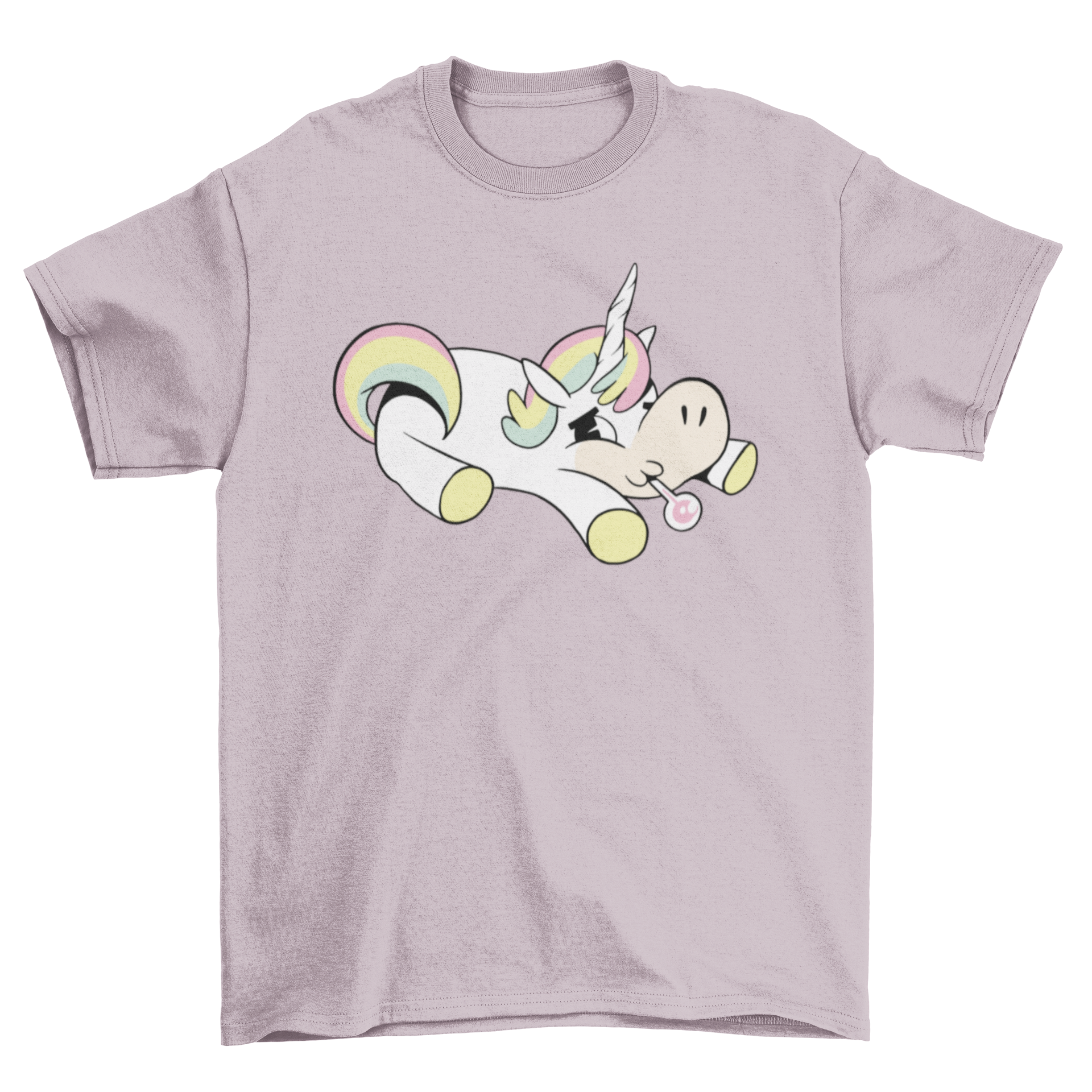 A colorful t-shirt featuring a cute unicorn taking its temperature, perfect for unicorn lovers.