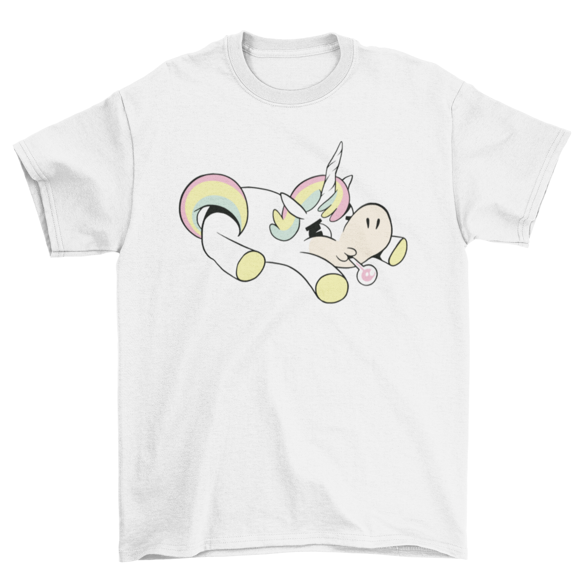 A colorful t-shirt featuring a cute unicorn taking its temperature, perfect for unicorn lovers.